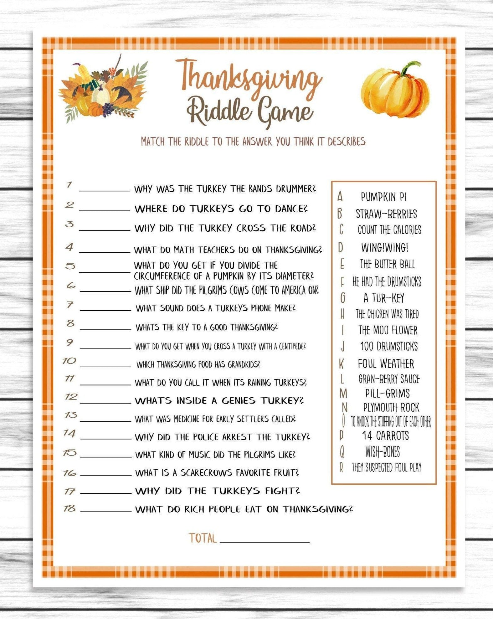 Thanksgiving Riddle Game, Printable Or Virtual Turkey Day Trivia Quiz For Kids & Adults, Fun Friendsgiving Trivia, Office, Classroom Party