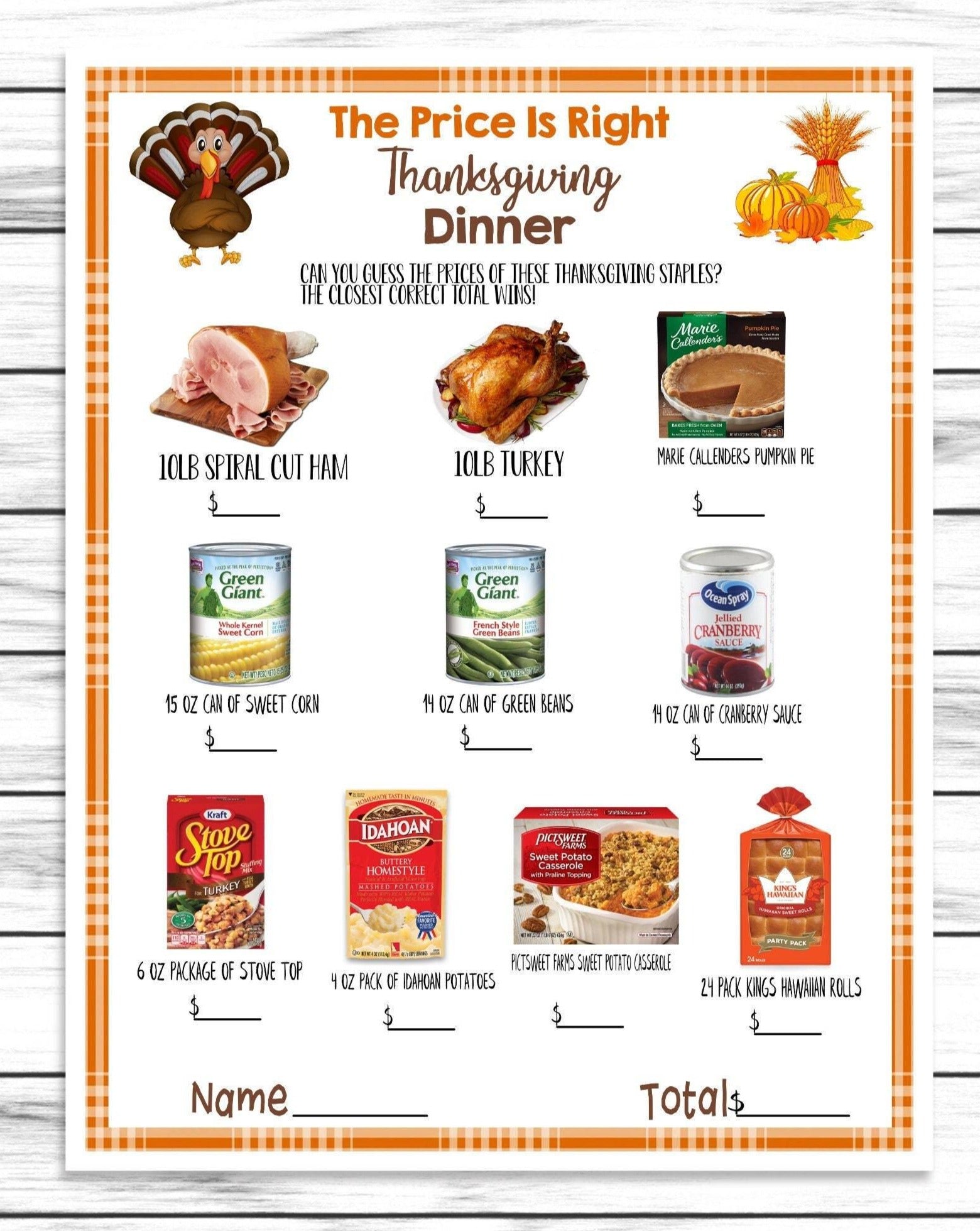 Thanksgiving Dinner Guess Price Game, Printable Or Virtual Turkey Day Quiz For Kids & Adults,Fun Friendsgiving Trivia,Office Classroom Party