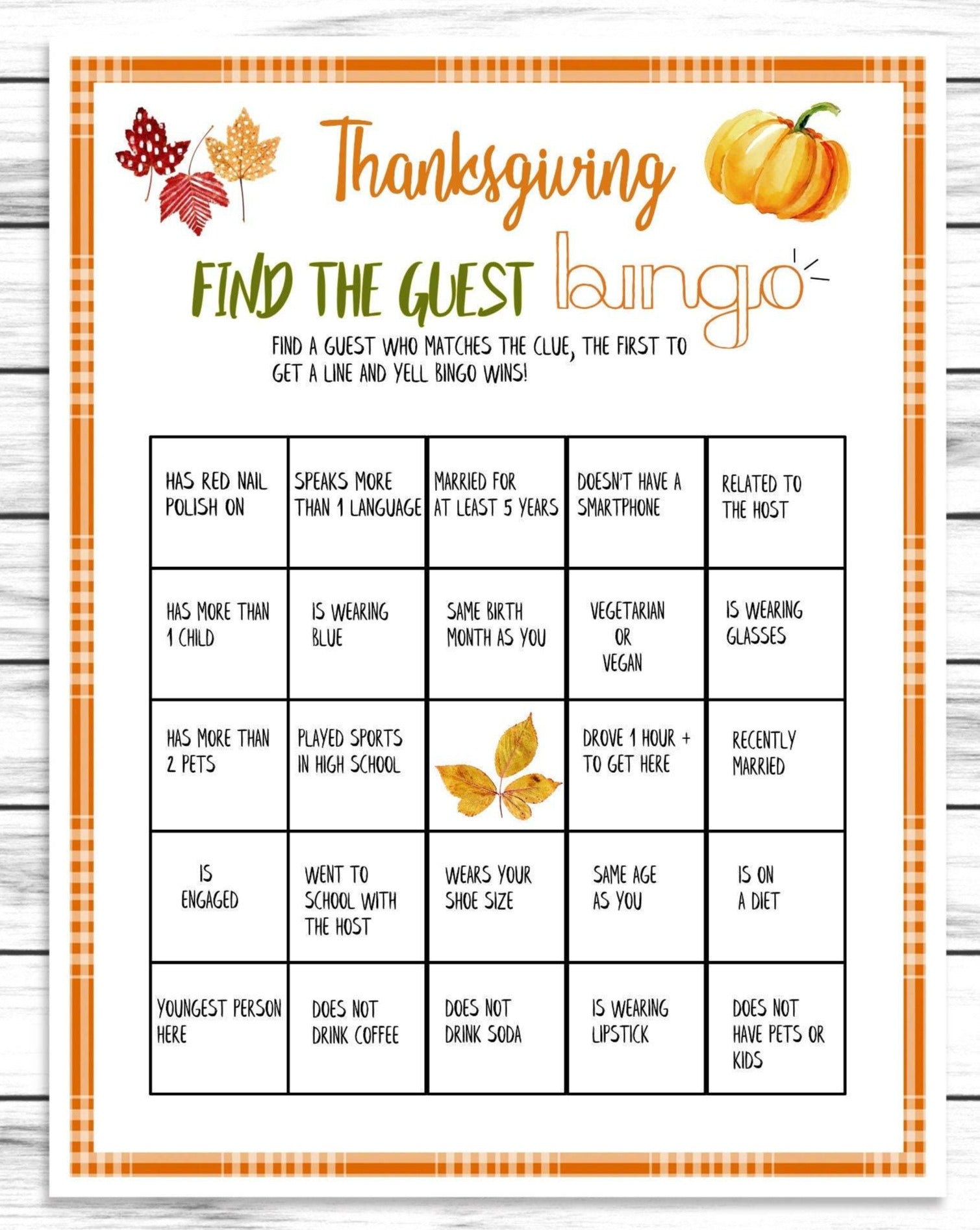 Thanksgiving Find The Guest Bingo Game, Printable Or Virtual Turkey Day Quiz For  Adults,Fun Friendsgiving Social Ice Breaker,Office Classroom Party