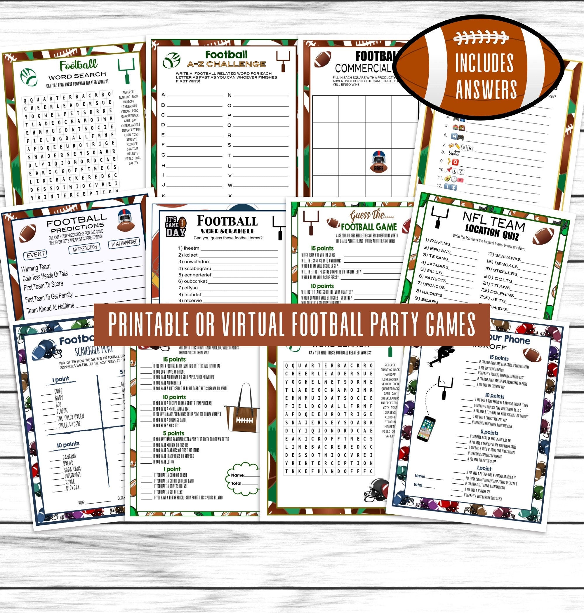 Printable Football Party Games For Kids & Adults, Favors, Decor, Ideas, Instant Download Activity, Office Or Classroom Party