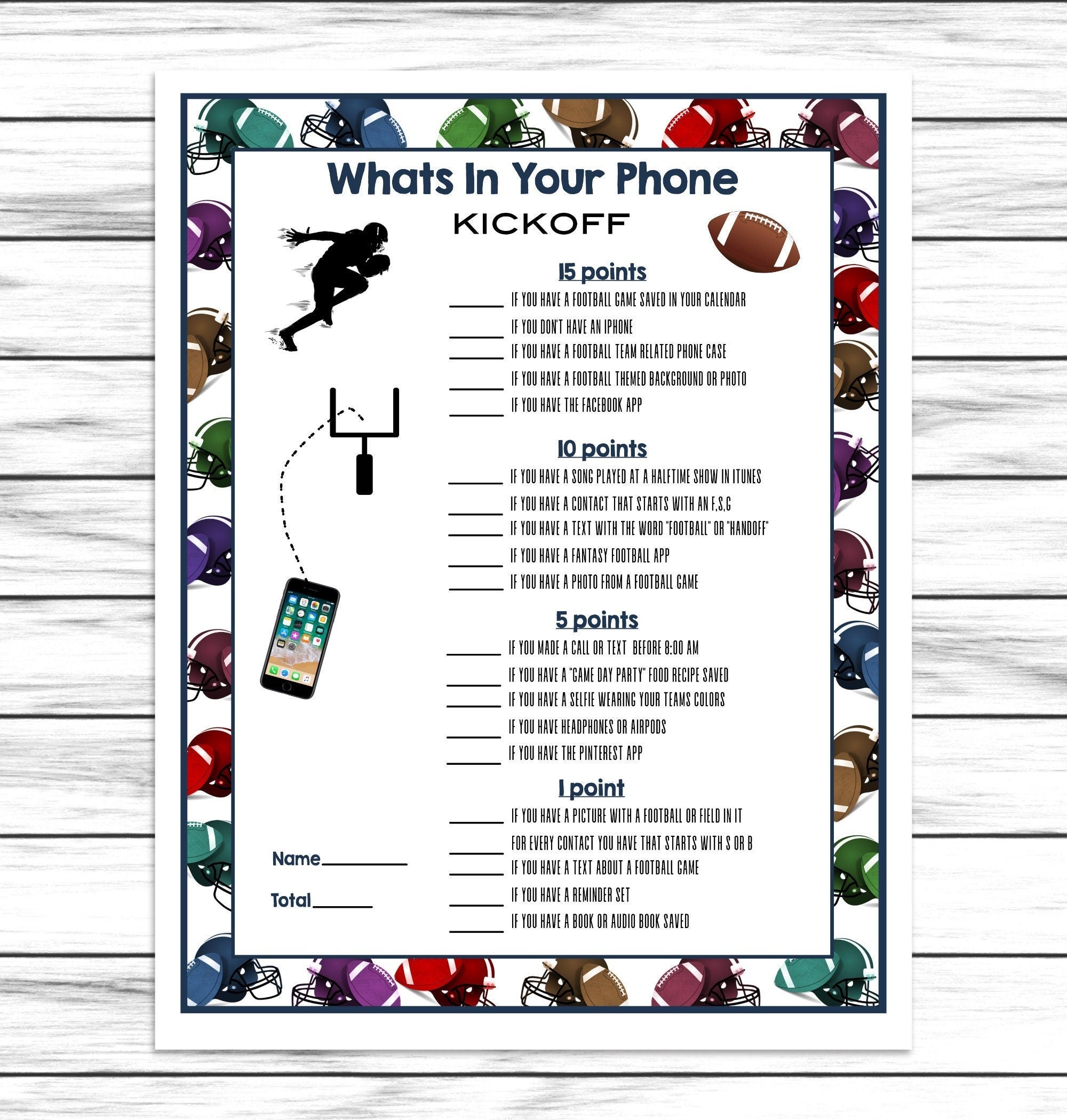 Whats in Your Phone, Printable Or Virtual Football Party Game For Kids & Adults, Ideas, Instant Download Activity,Office Classroom Party