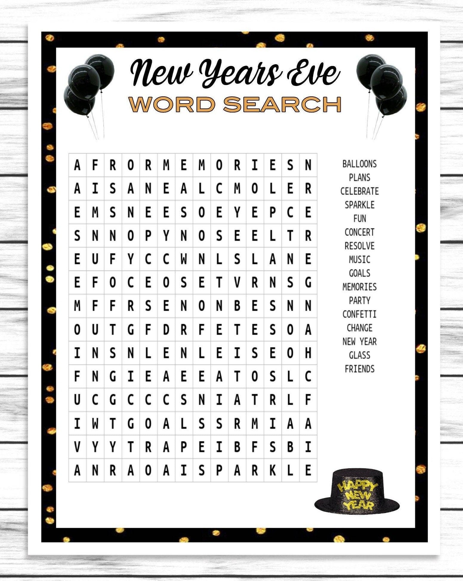 New Years Word Search Game, Printable Or Virtual Holiday Party Game For Kids & Adults, Classroom Office Party Activity, Fun NYE Game
