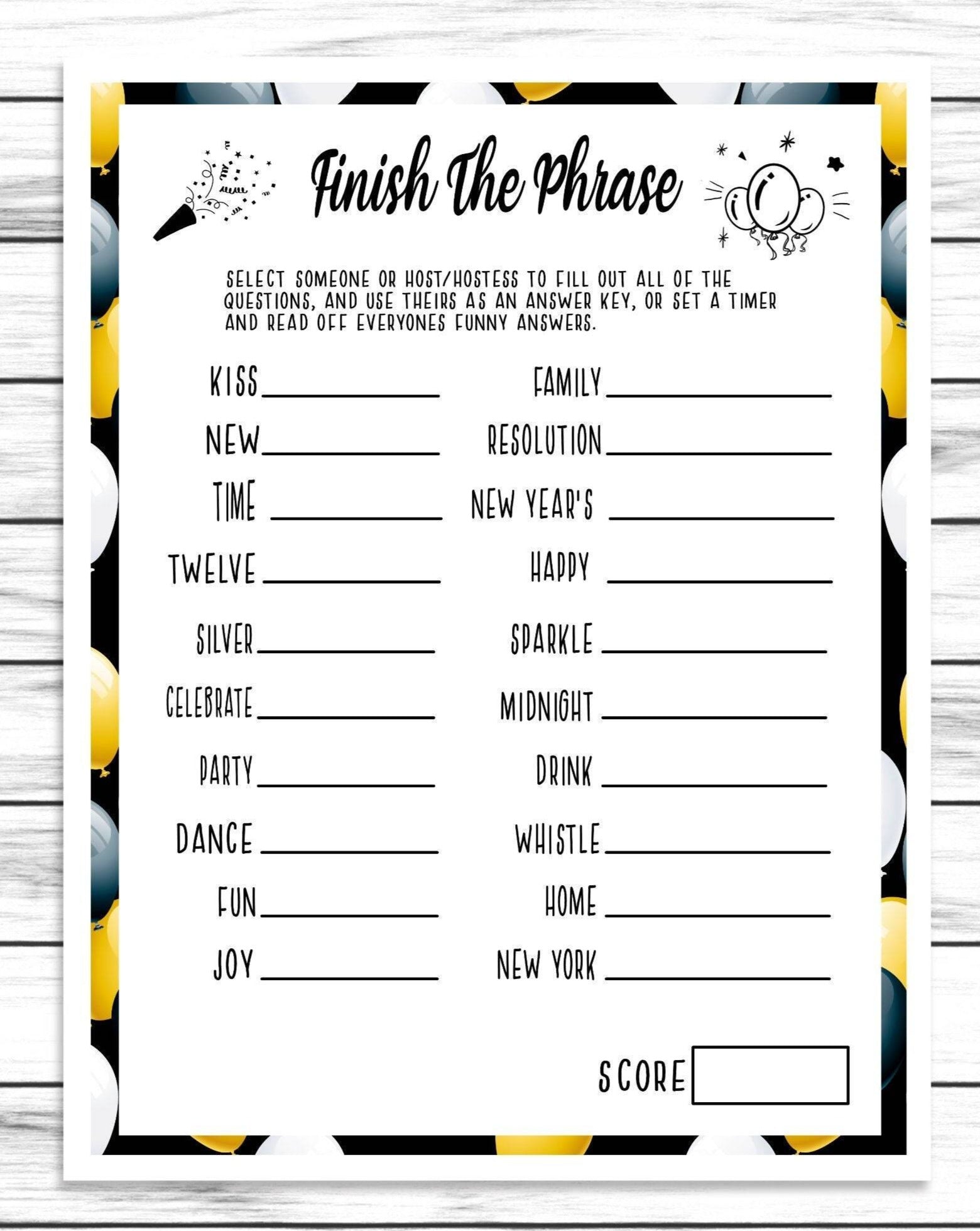 New Years Finish The Phrase Game, Printable Or Virtual Holiday Party Game For Kids & Adults, Classroom Office Party Activity, Fun NYE Game