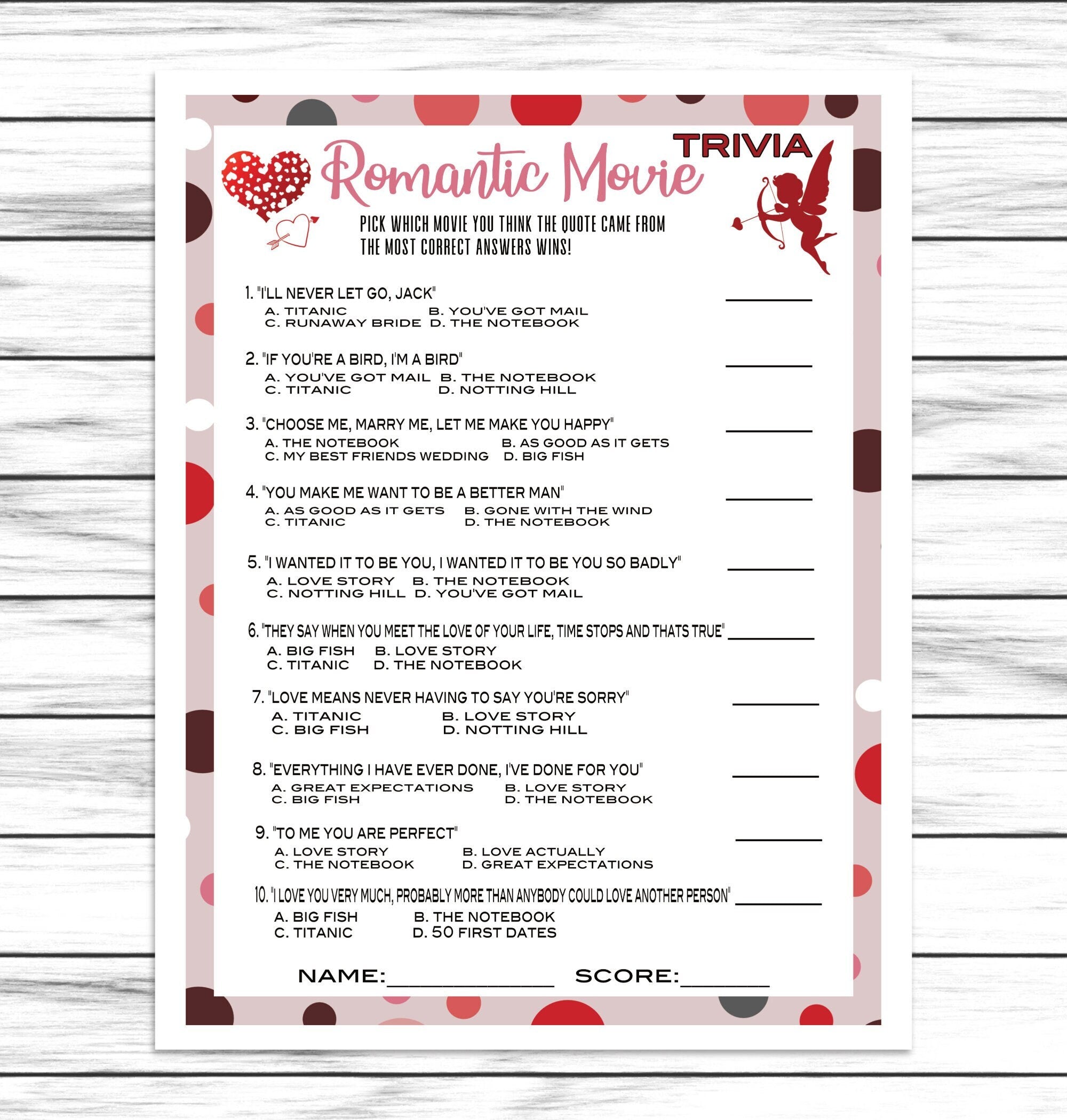 Valentines Romantic Movie Trivia Game,Virtual Or Printable V-Day Party Quiz,Valentines Couples Game Kids Adults,Fun Activity