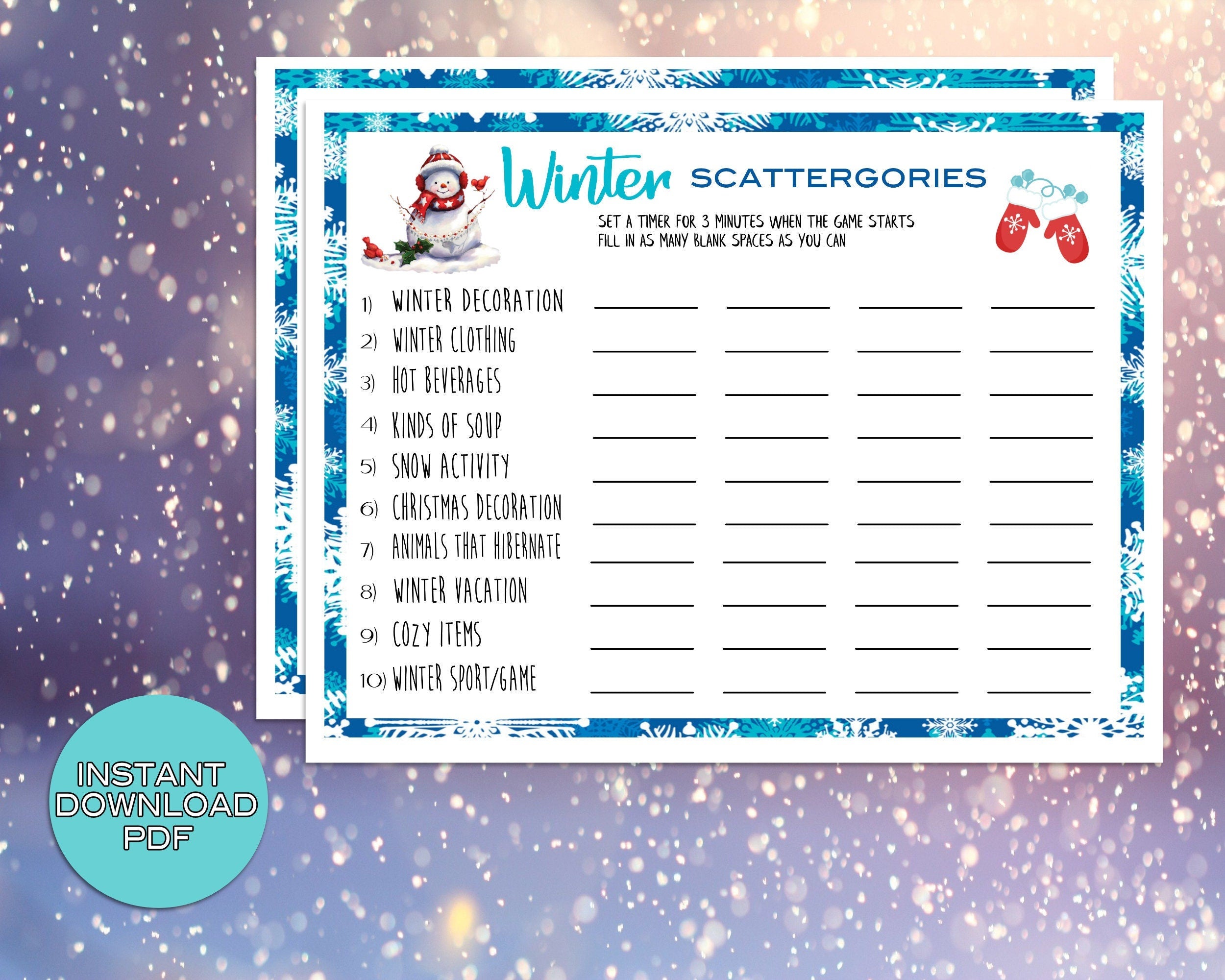 Winter Scattergories Word Party Game, For Adults Kids, Classroom, Office, Winter Party Printable Virtual Game, Family Reunion, Instant