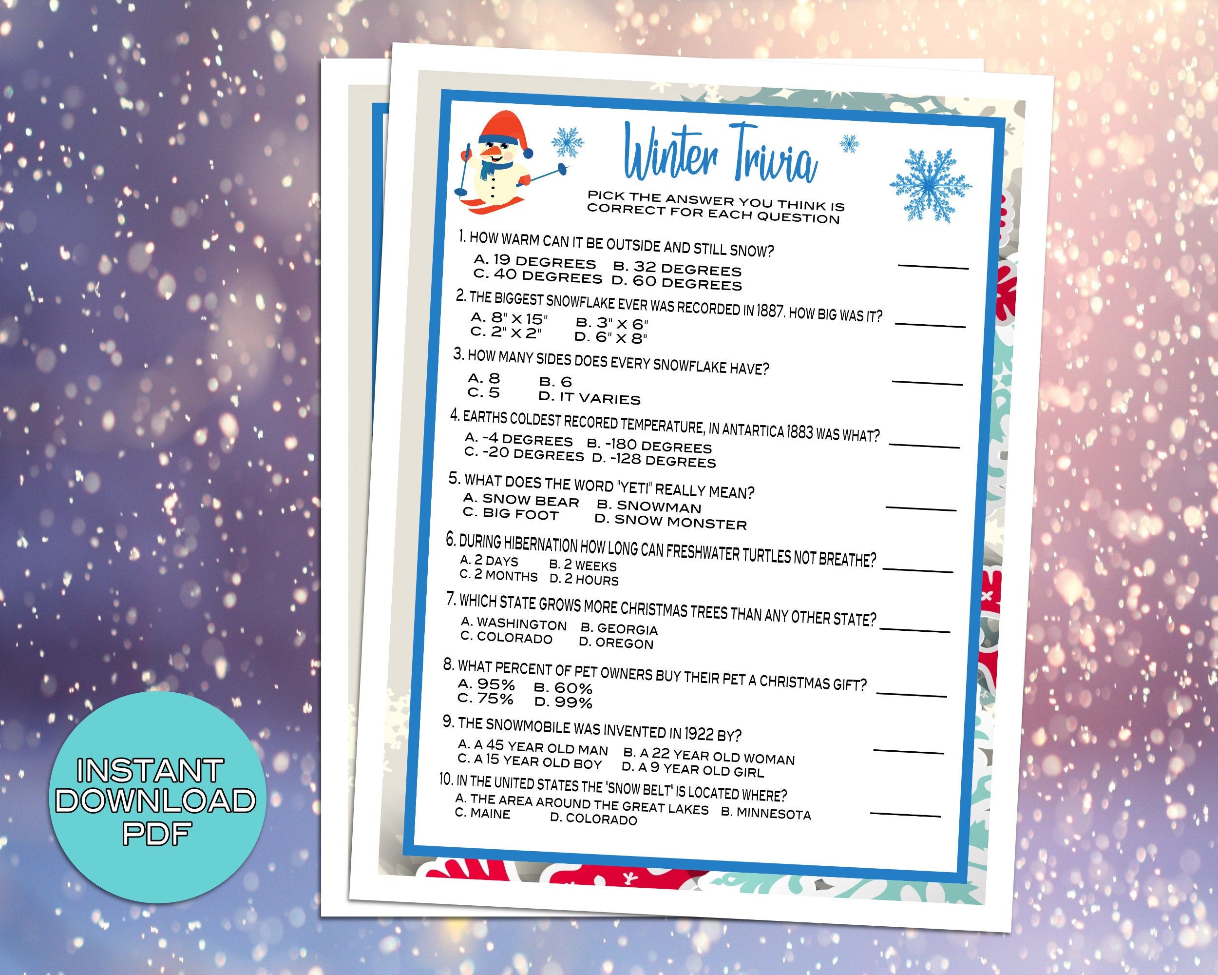 Winter Trivia Party Game, For Adults Kids, Classroom, Office, Winter Party Printable Virtual Game, Family Reunion, Instant