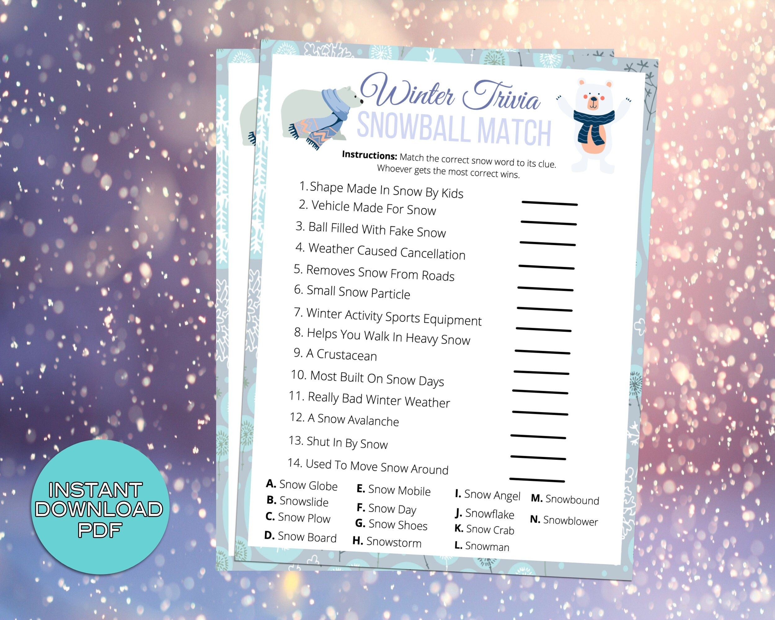 Snow Match Trivia Winter Party Game, For Adults Kids, Classroom, Office, Winter Party Printable Virtual Game, Family Reunion, Instant