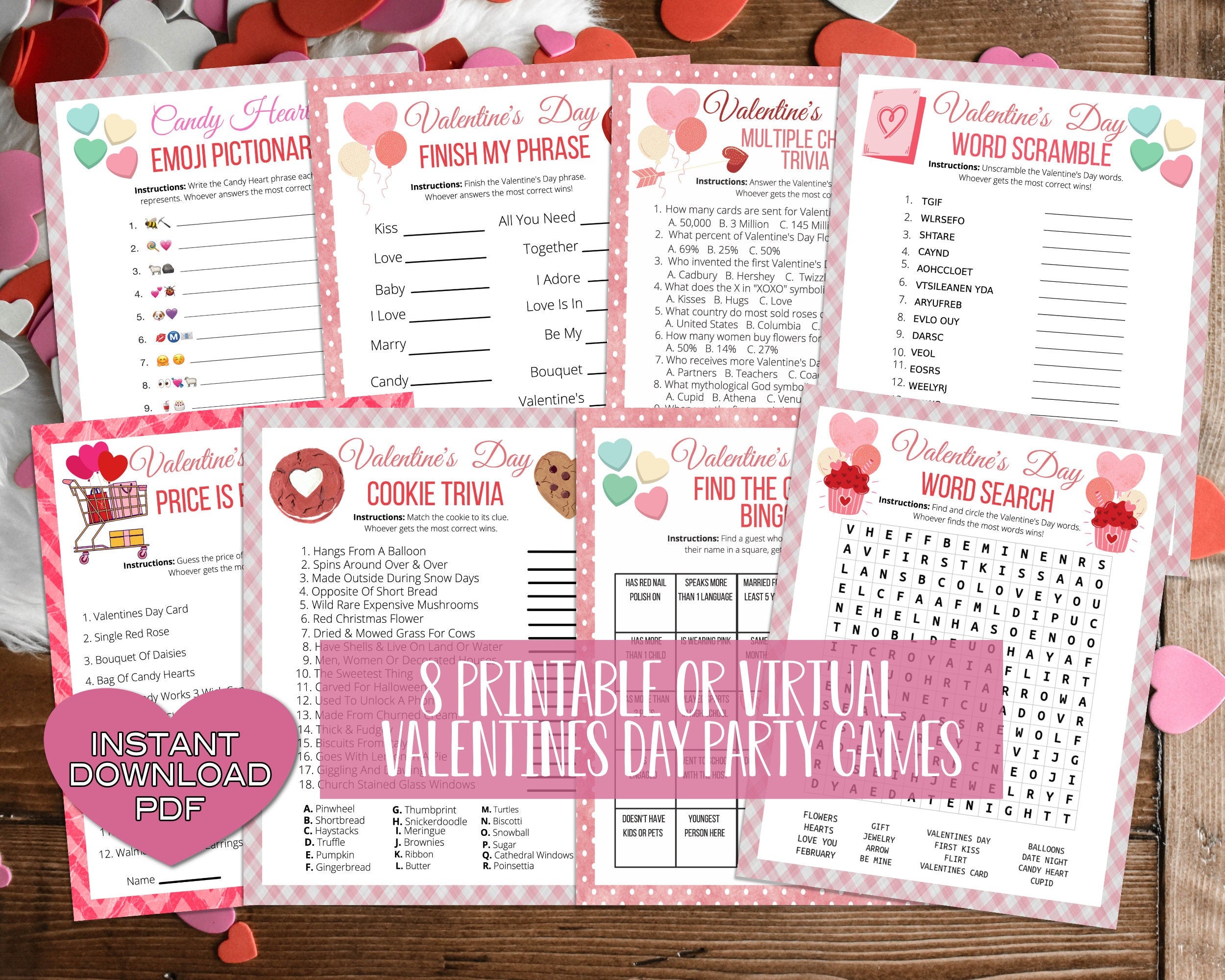 Valentine Day 8 Trivia Emoji Game Set Bundle -Classroom Office Party Game For Kids & Adults - Printable Or Virtual Instant Download Activity