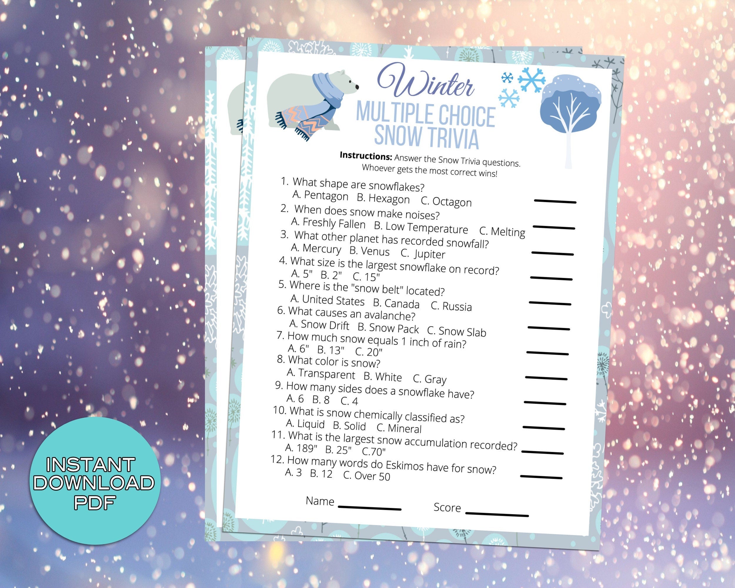Snow Trivia Winter Party Game, For Adults Kids, Classroom, Office, Winter Party Printable Virtual Game, Family Reunion, Instant