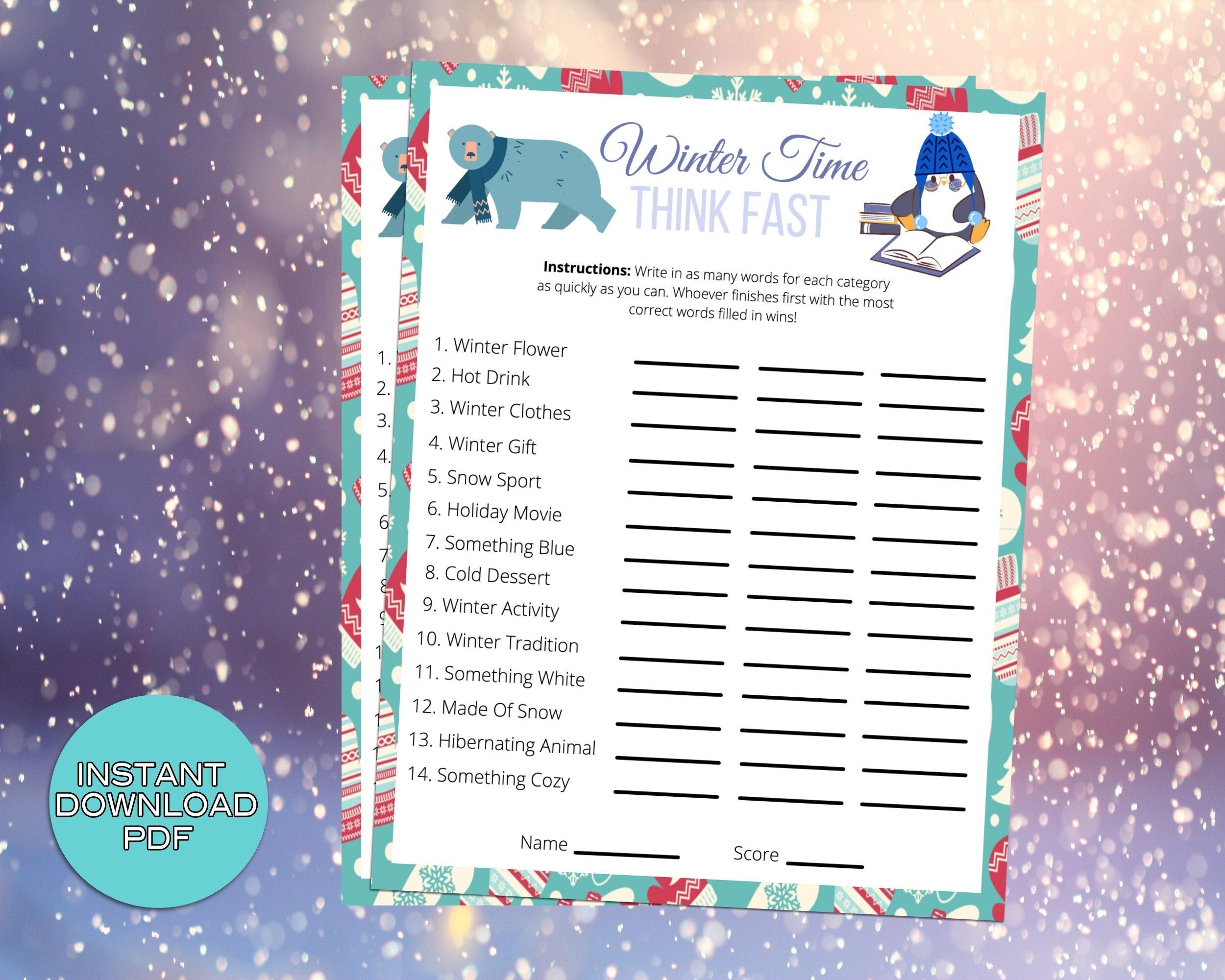 Winter Think Fast Word Party Game, For Adults Kids, Classroom, Office, Winter Party Printable Virtual Game, Family Reunion, Instant