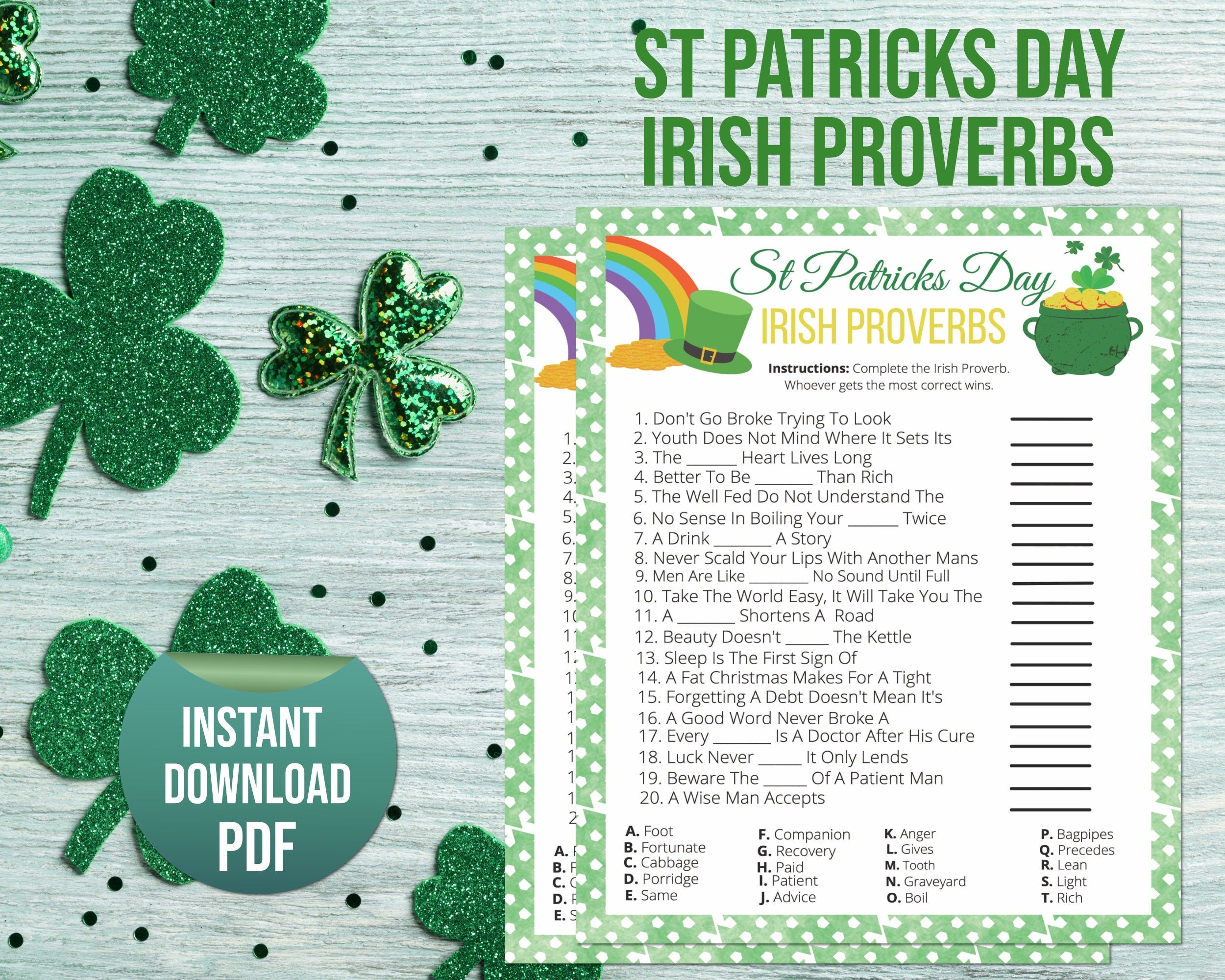 St Patricks Day Irish Proverbs Game, Printable Finish The Phrase St Paddys Office Classroom Activity, Saint Pattys Party Quiz Kids & Adults