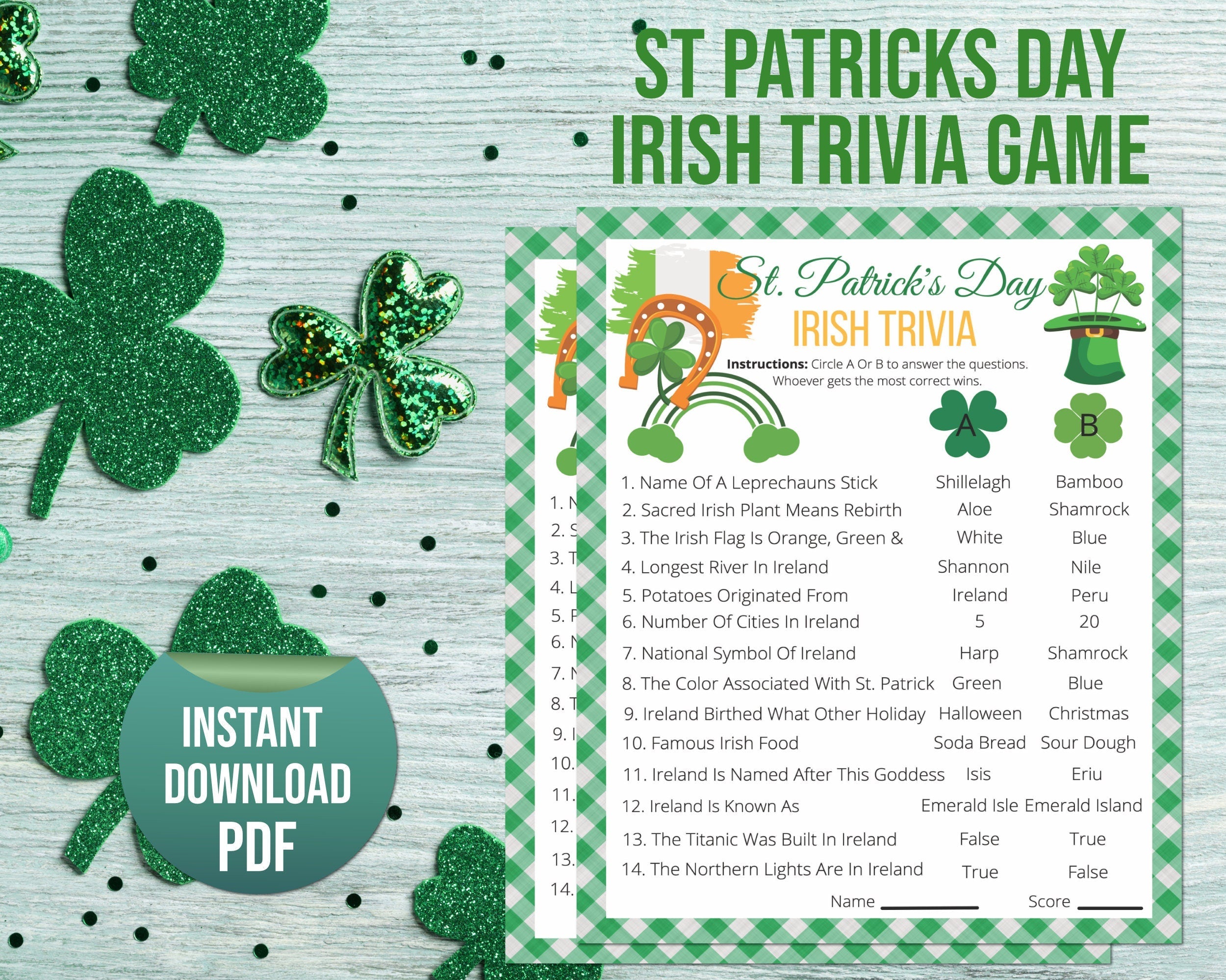 Printable St Patricks Day Irish Trivia Game, Irish Quiz, St Paddys Office Classroom Activity, Kids & Adults Saint Pattys Party