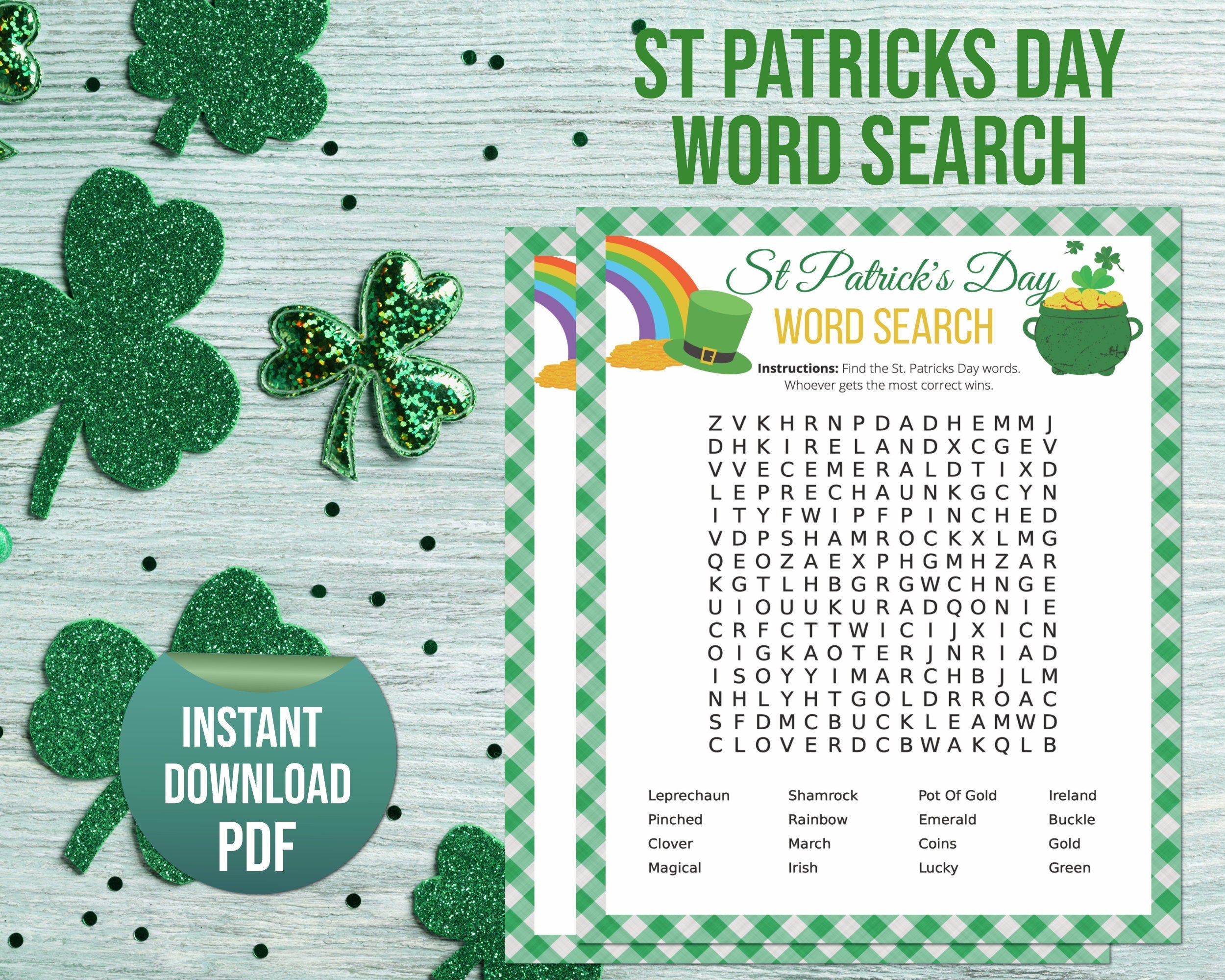 St Patricks Day Printable Word Search, St Paddys Office Classroom Activity, Irish Word Find, Kids & Adults Saint Pattys Party Word Game