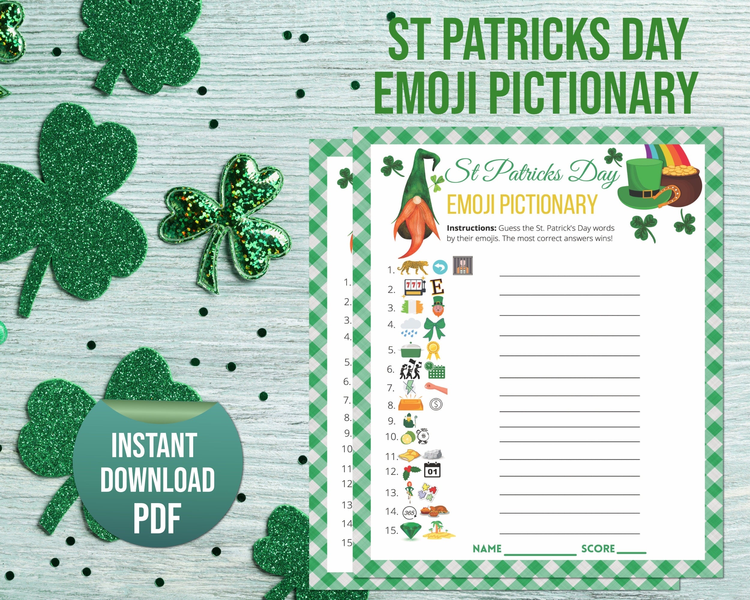 St Patricks Day Emoji Pictionary Game, Saint Pattys Party Quiz, Printable Virtual Family Activity, Kids & Adults, St Paddys Office Classroom