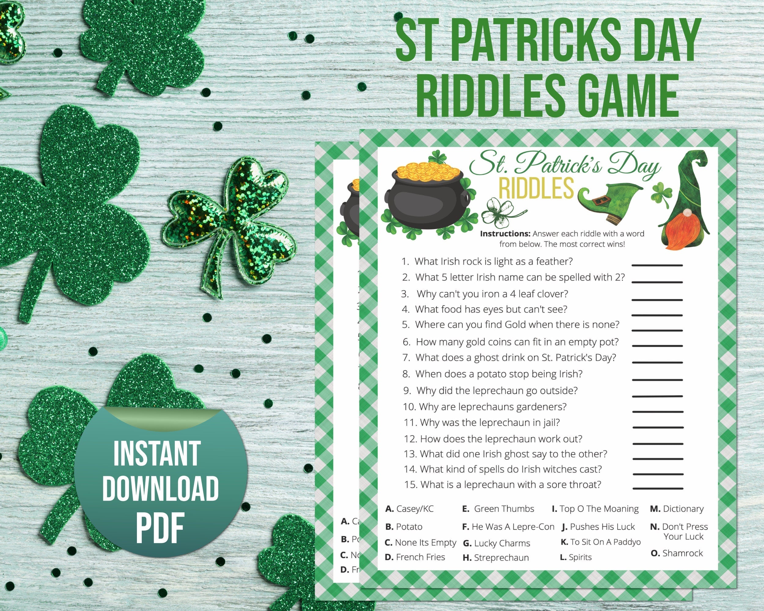 St Patricks Day Riddles Printable Game, St Paddys Office Classroom Activity, Irish Quiz, Kids & Adults Saint Pattys Party Match Trivia Game