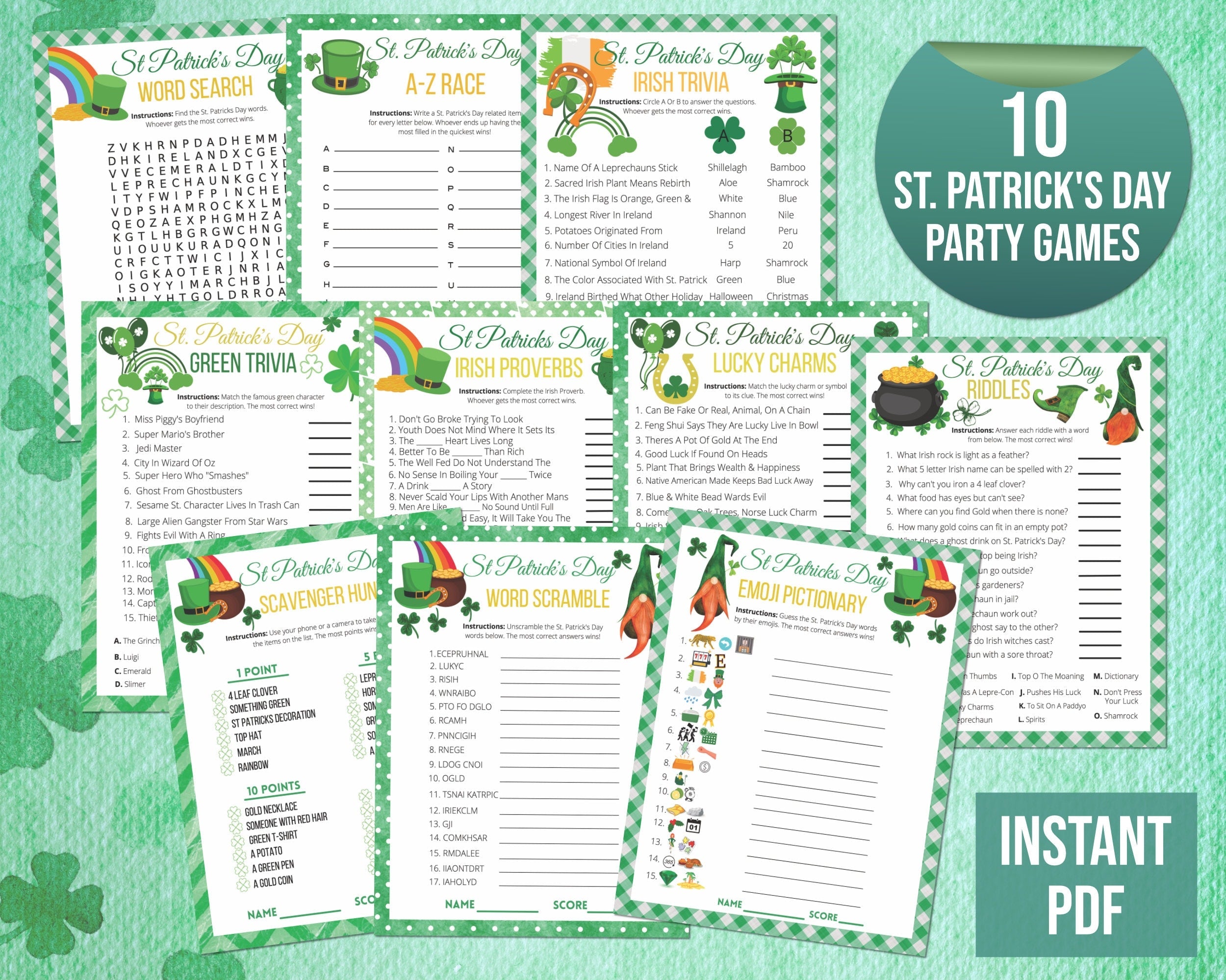 Printable St Patricks Day 10 Game Bundle | St Paddys Office Classroom Activity Set | Irish Games Kids & Adults Saint Pattys