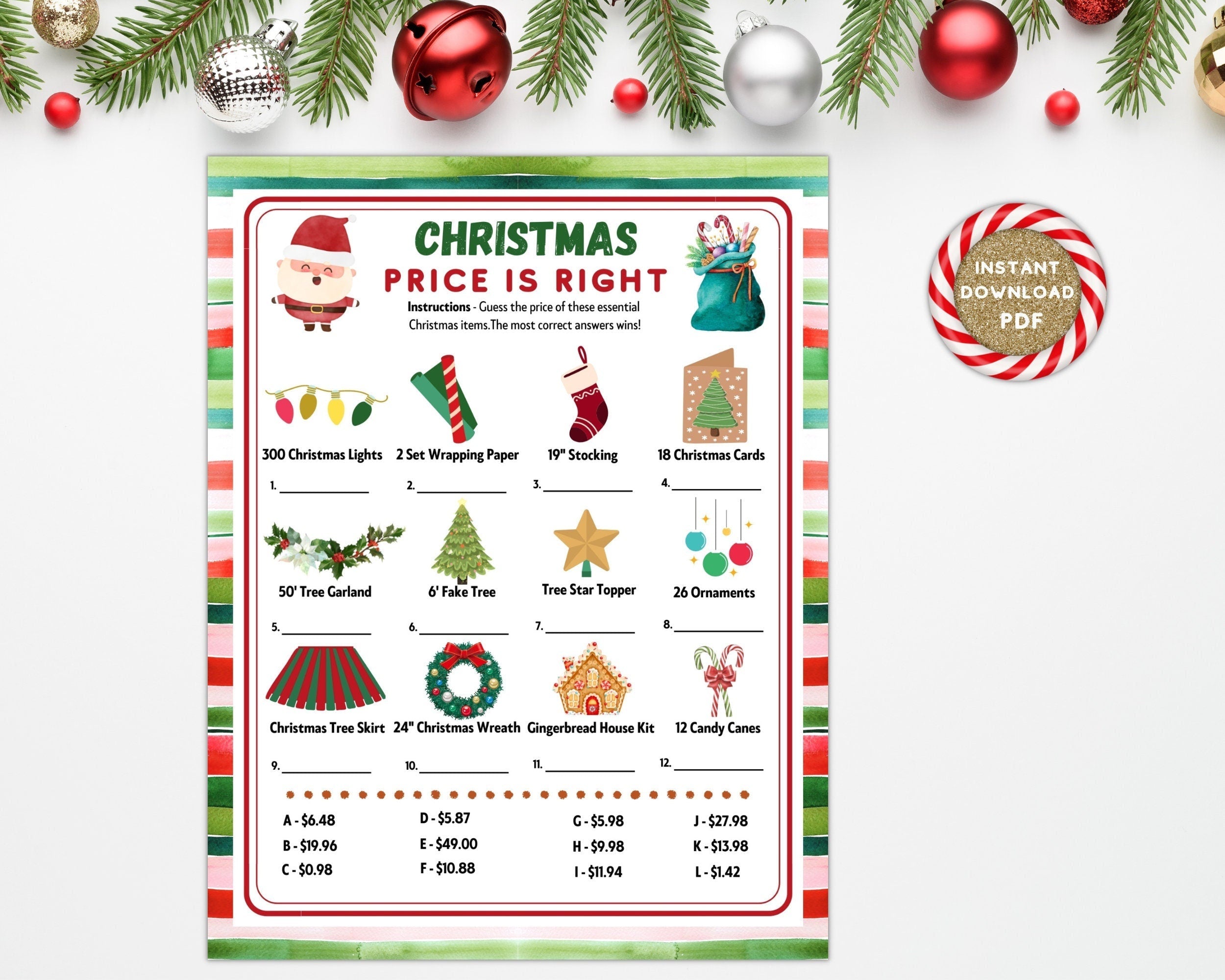 Christmas Guess Price Game, Printable Or Virtual Xmas Day Quiz For Kids & Adults,Fun Holiday Price Is Right Trivia,Office Classroom Party