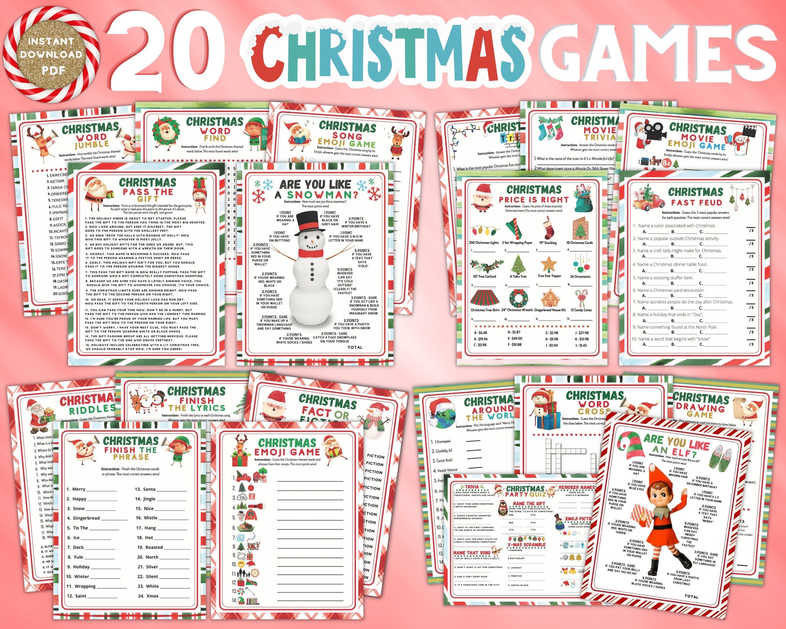 Christmas 20 Game Set, Holiday Activity Bundle, Xmas Party Kit, Kids Adults Printable & Virtual, Work School Church Party Ideas, Instant