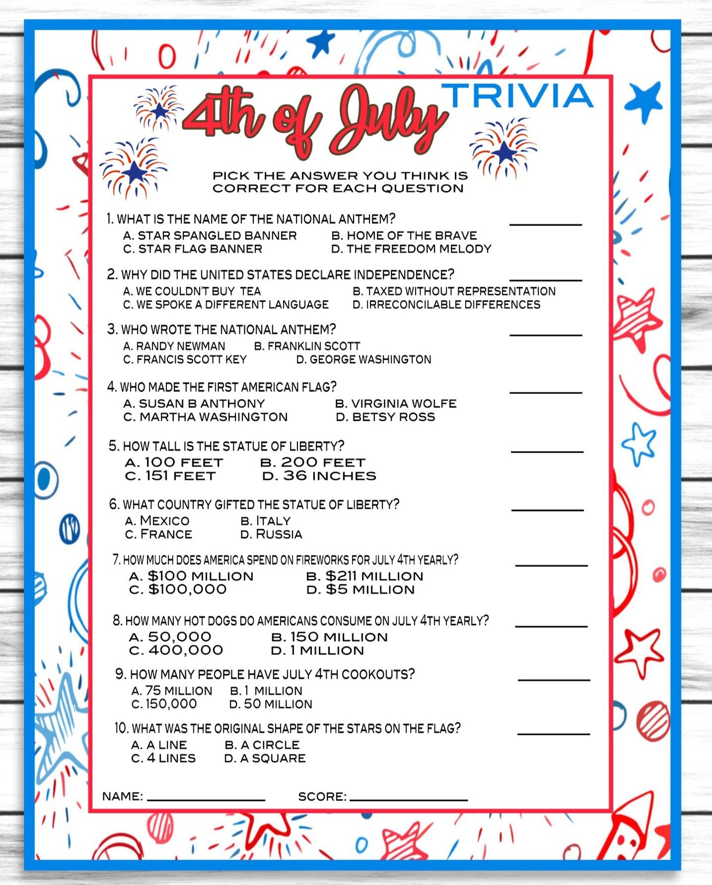 Printable July 4th Trivia Game | Instant Download Activity | Kids Or Adults Party Quiz