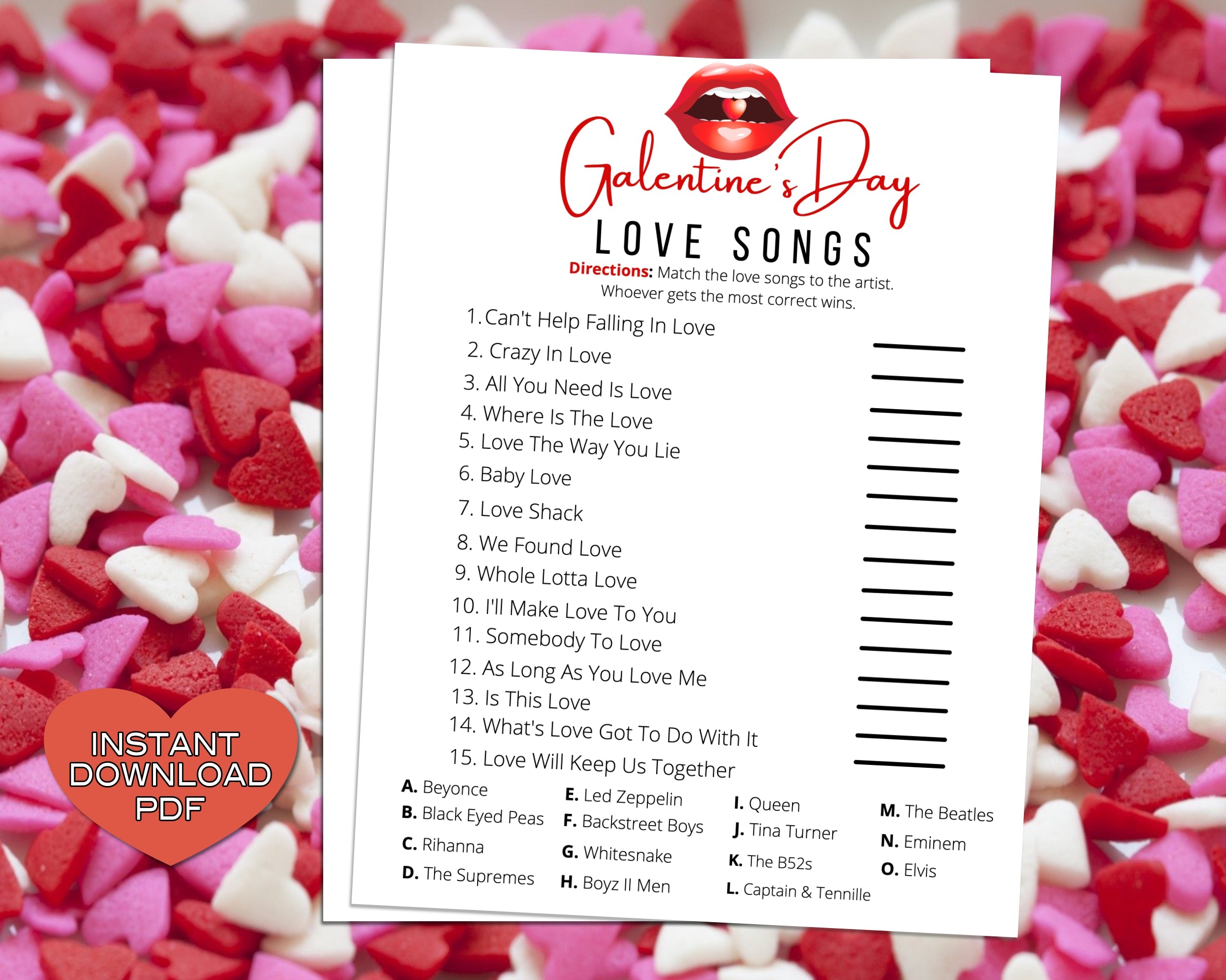 Galentines Day Love Songs Game -Fun Party Game - Ladies Night Out - Girls Night In - Music Trivia Quiz - Singles Night - Instant Download