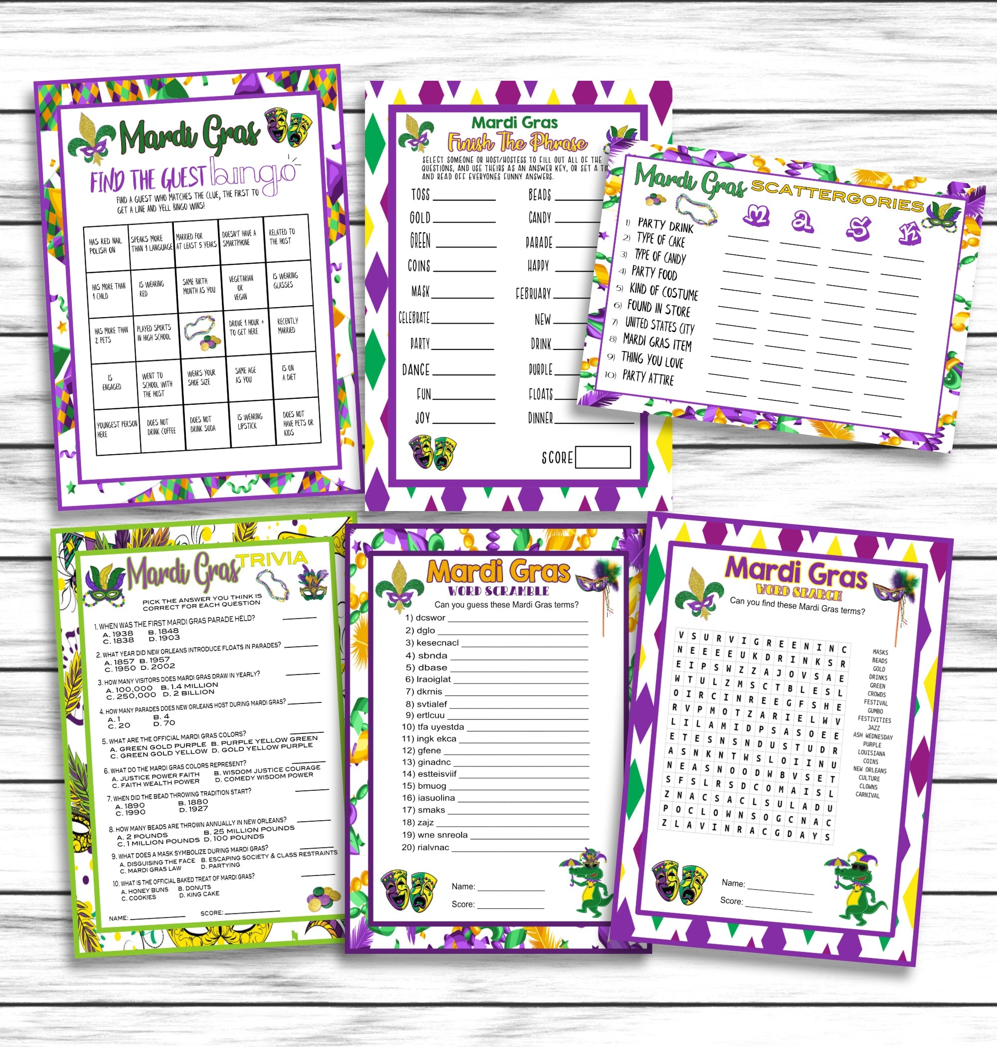 Mardi Gras Party Printable Or Virtual Games | Ideas Activities for Family | Adults  Kids Classroom Office Games