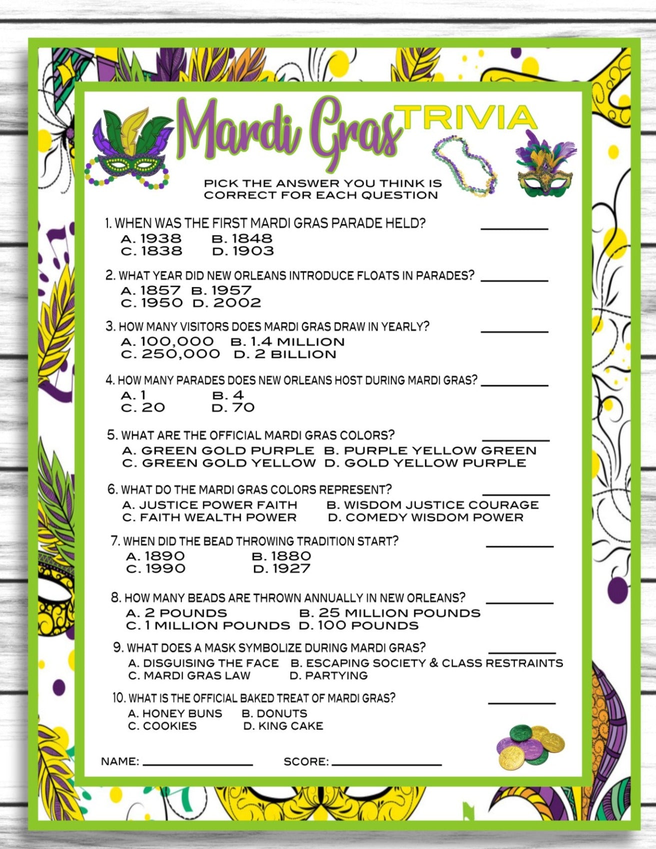 Mardi Gras Trivia Game, Party Game, Instant Download, Printable or Virtual