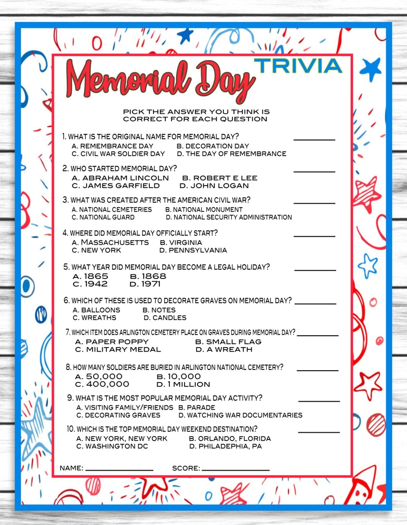 Memorial Day Party Trivia Game, Printable Kids Activity Sheet, Instant Download