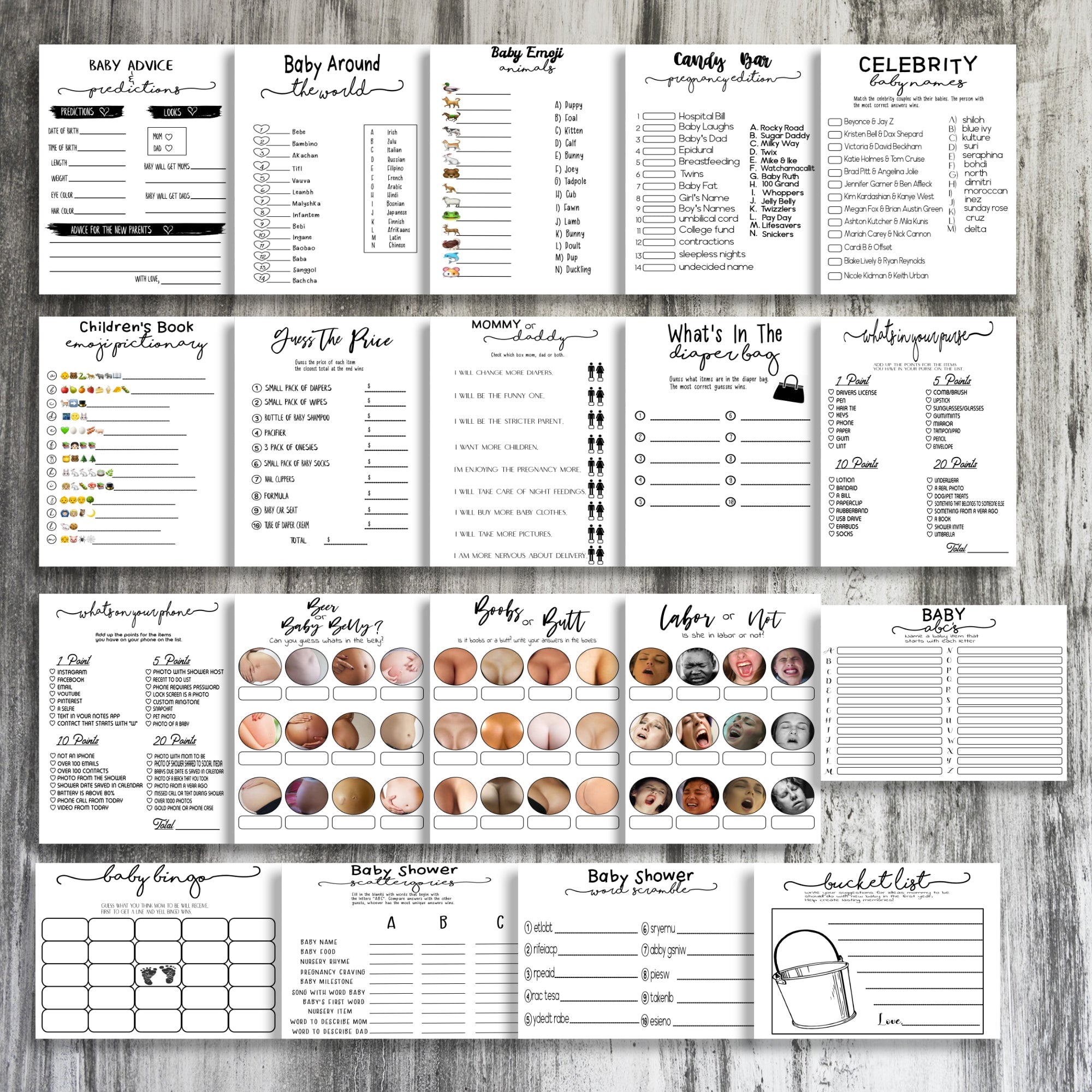 Minimalist Baby Shower Games Set, Boobs or Butt, Labor or Porn, Beer Belly or Baby Bump, Printable Or Virtual Instant Download Games