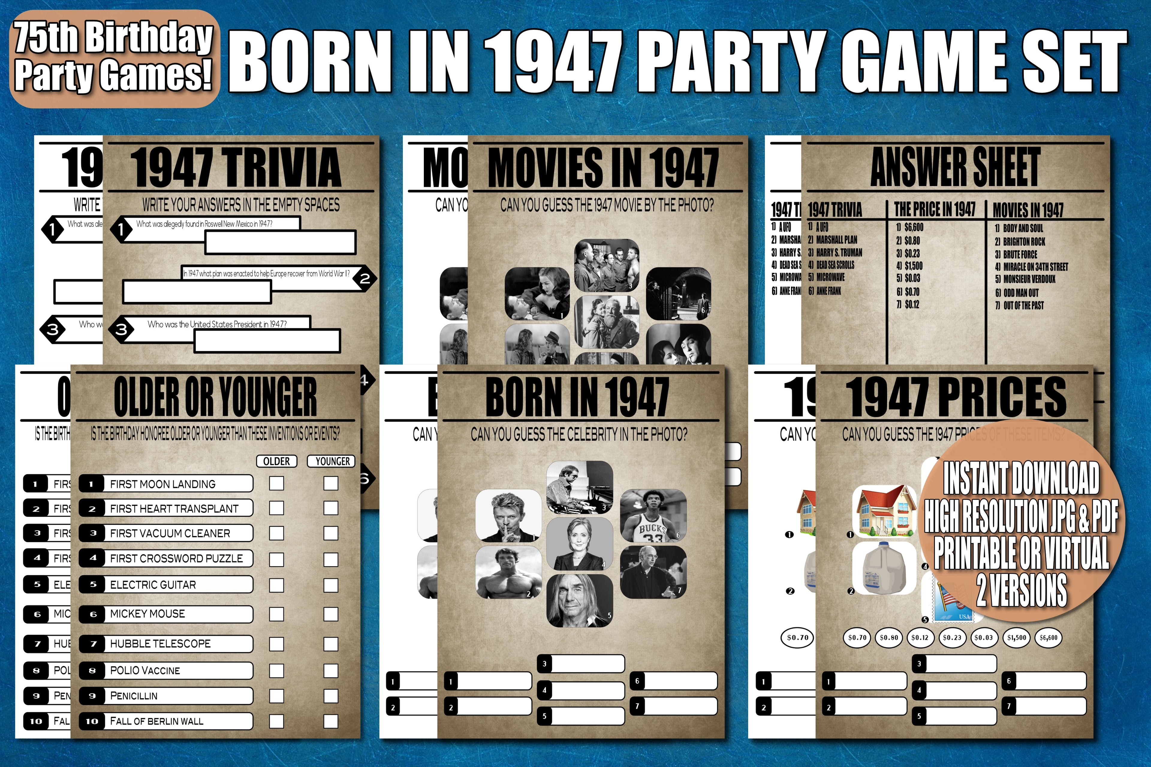 75th Birthday Party Printable Games, Born in 1947, Trivia, Instant Download