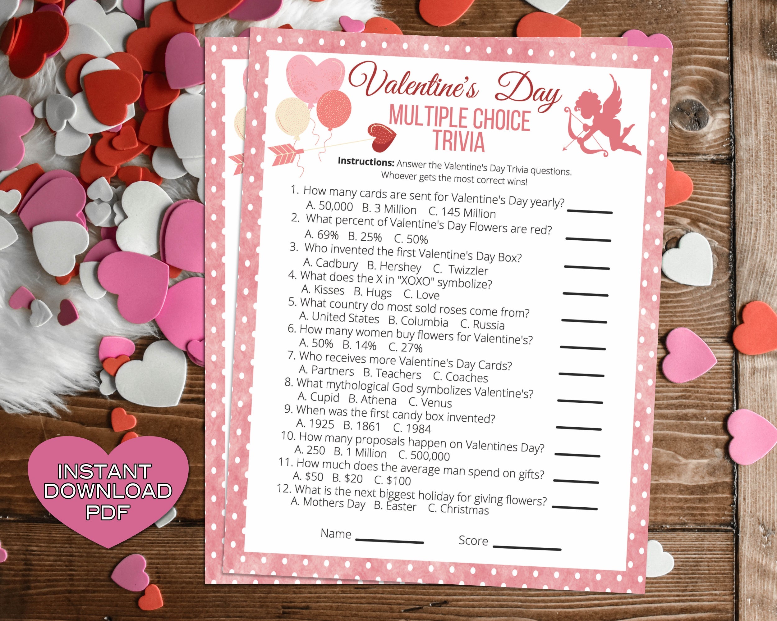 Valentines Day Multiple Choice Trivia Game -Classroom Office Party Game For Kids & Adults - Printable Or Virtual Instant Download Activity