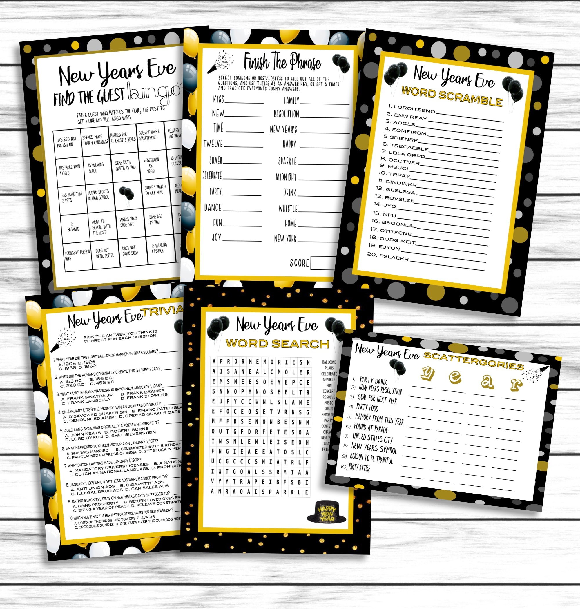 6 New Years Party Family Game Set, Printable or Virtual Kids Adults Activity Bundle, Instant Download