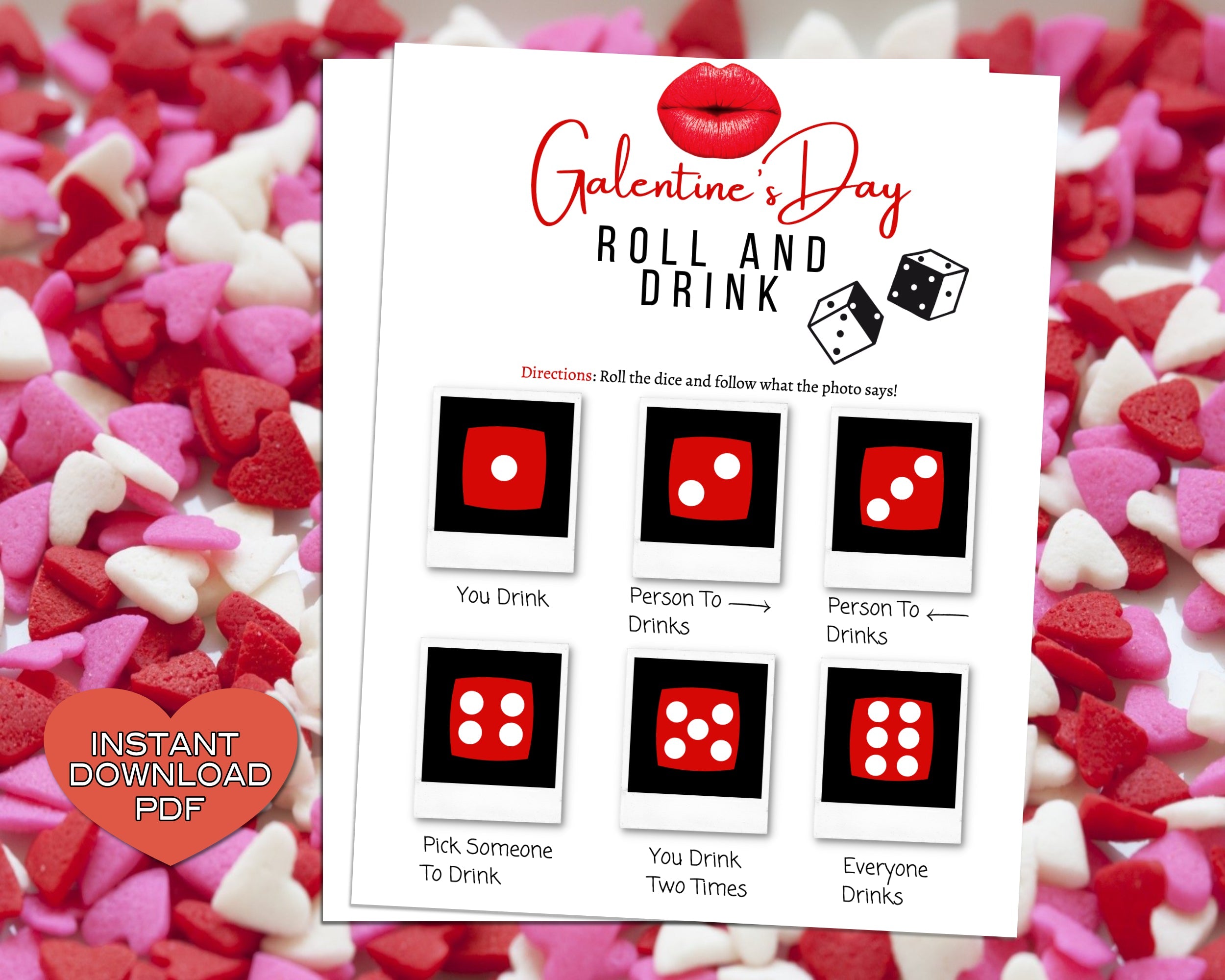 Galentines Day Roll And Drink Game -Fun Party Game - Ladies Night Out - Girls Night In - Singles Night Party Game - Drunk Dice Instant