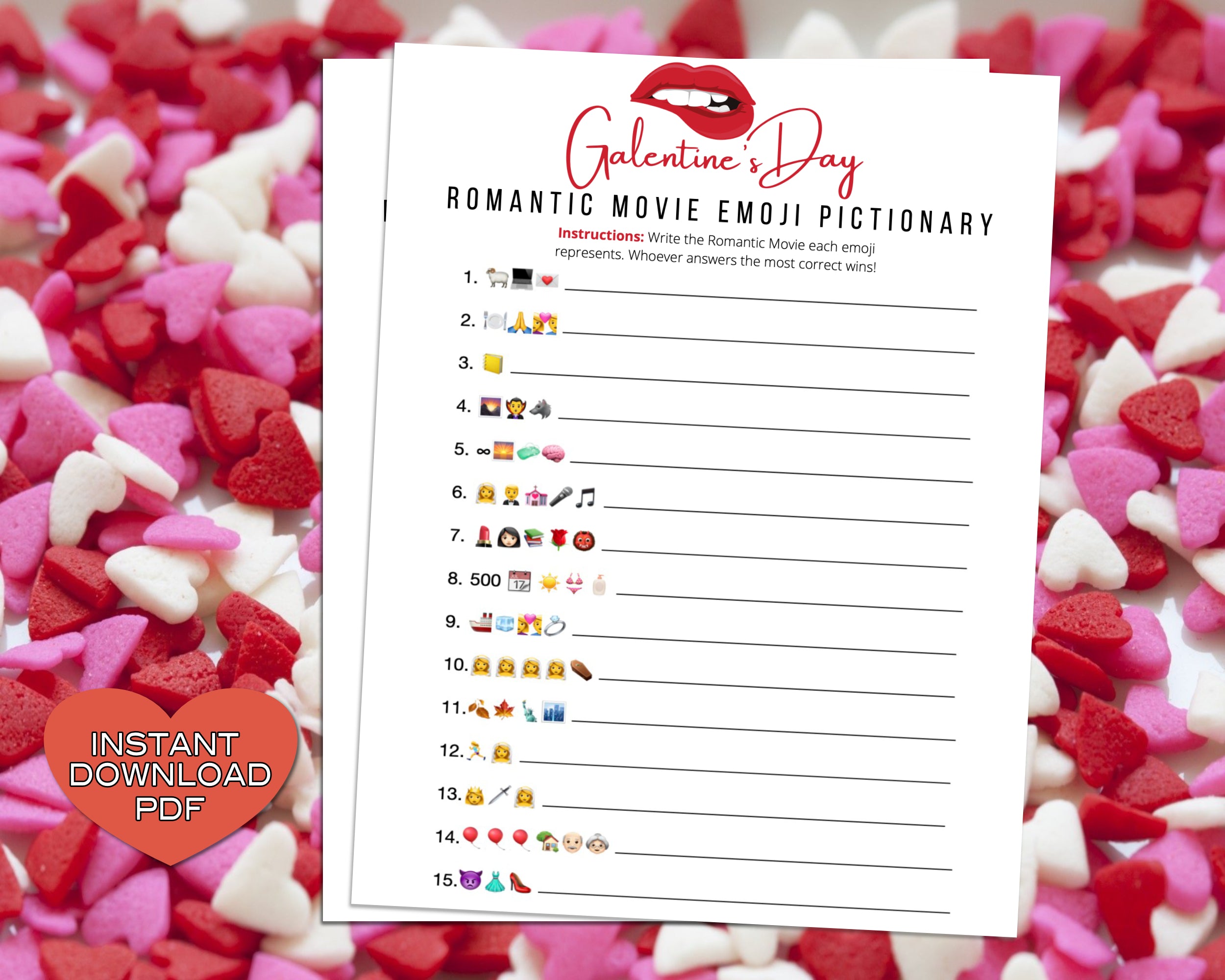 Galentines Day Chick Flick Game -Fun Party Game - Ladies Night Out - Girls Night In - Rom Com Emoji Trivia Quiz - Instant Download