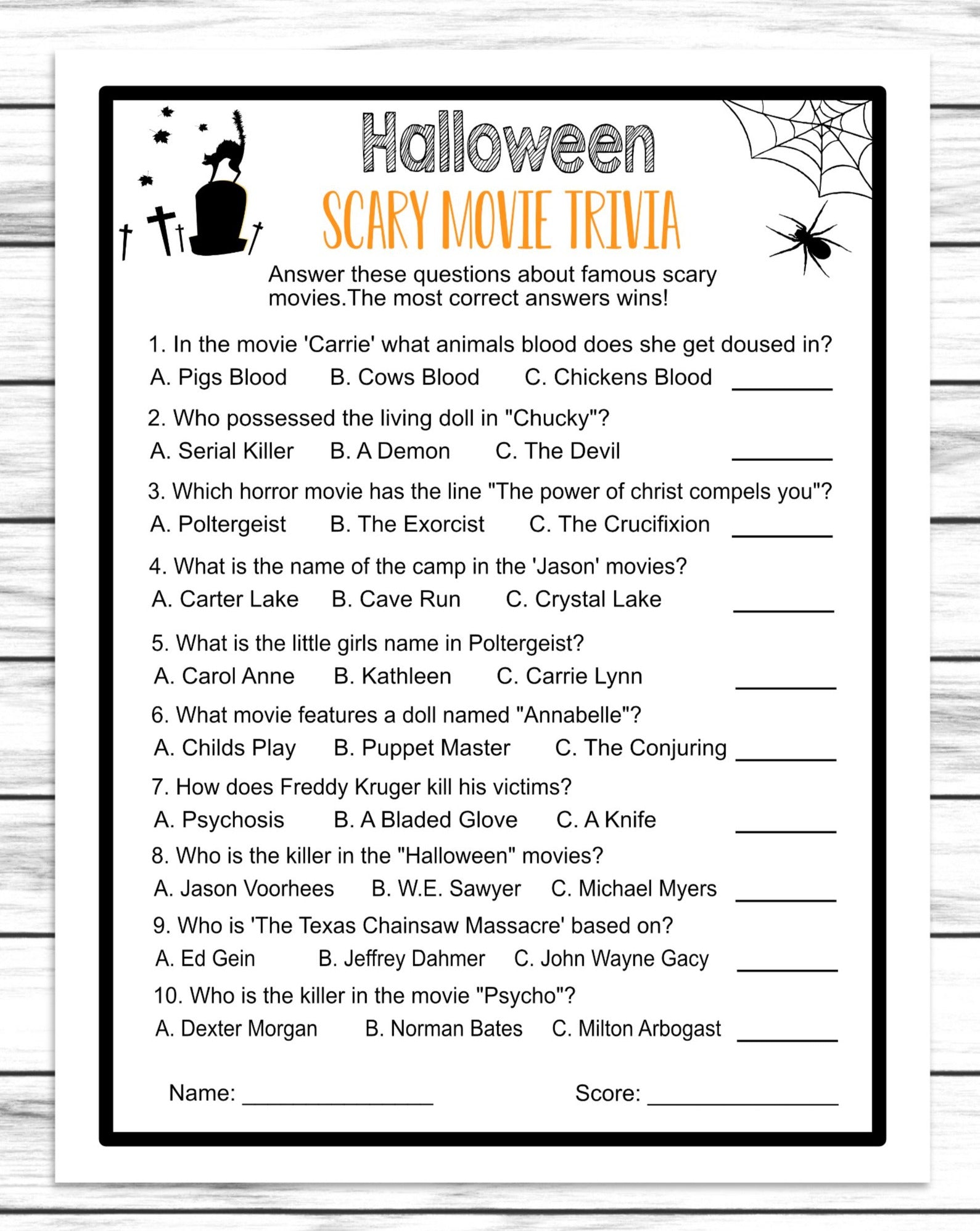 Halloween Scary Movie Trivia Quiz,Costume Party Game, Printable Or Virtual Kids Classroom or Adults Office Activity, Instant Download