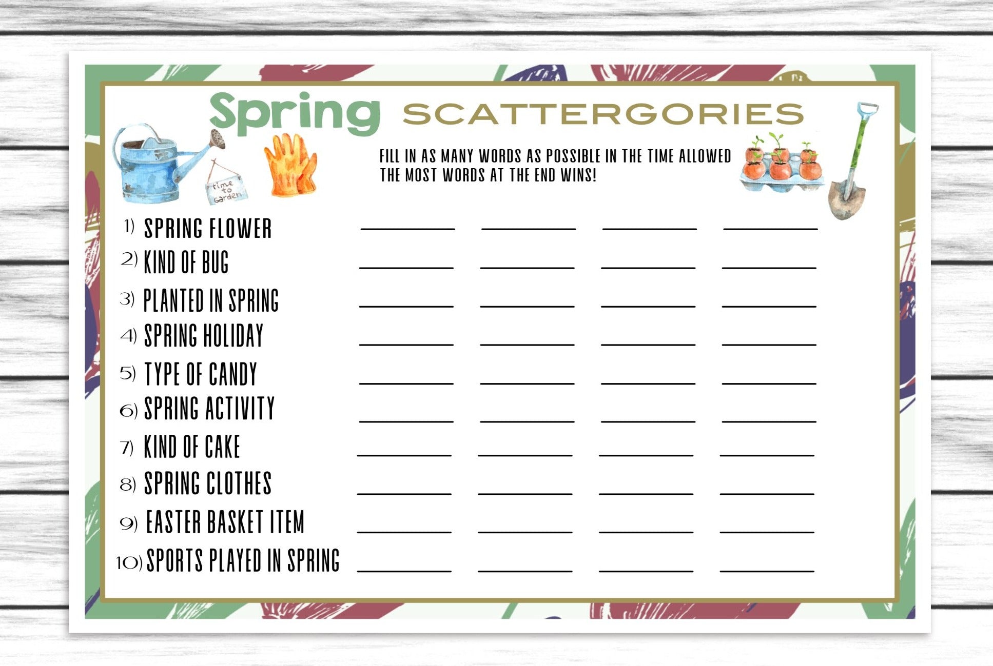Spring Party Scattergories Game, Kids Or Adults Spring Printable Or Virtual Word Game