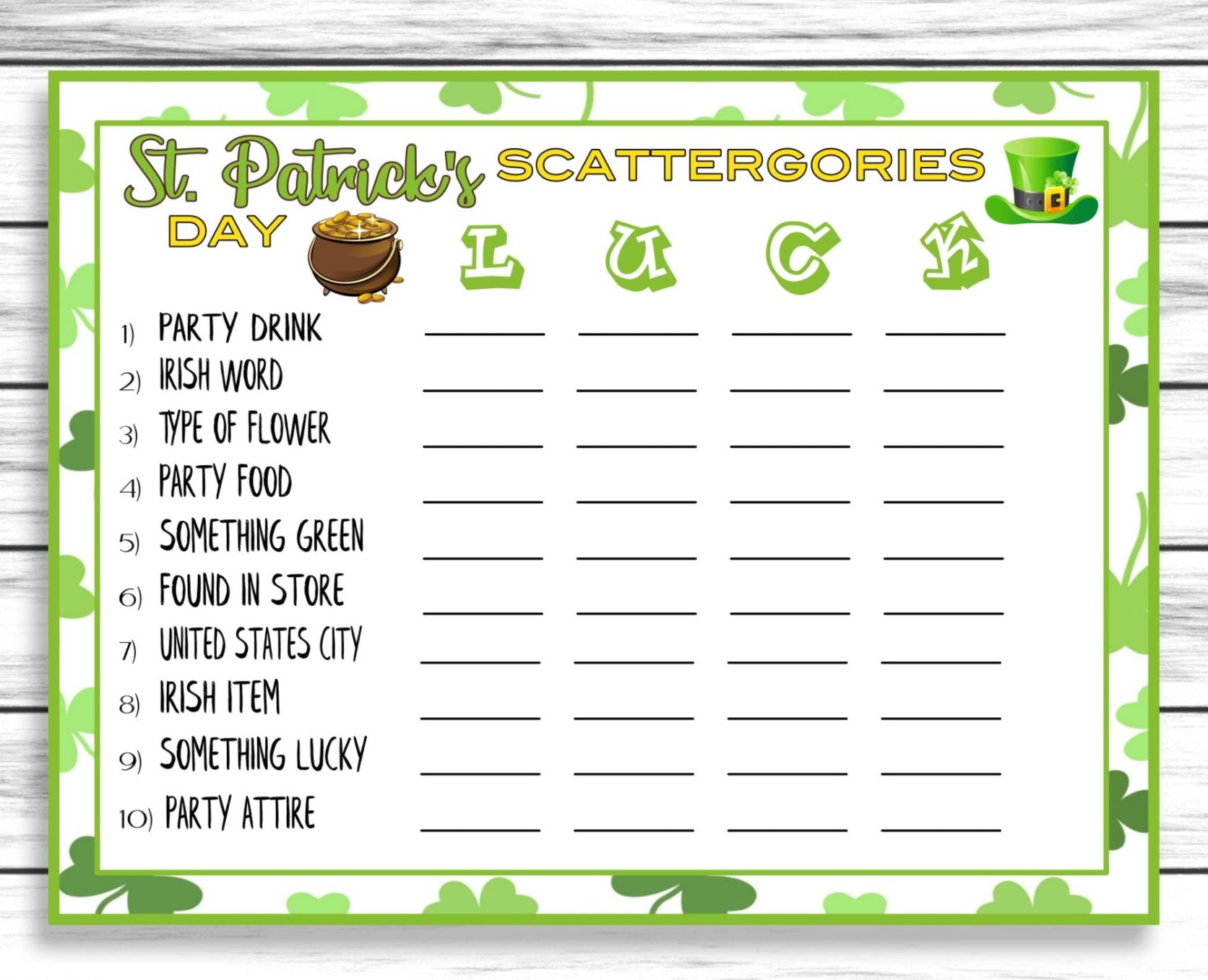 Saint Patricks Day Scattergories Game, St Patricks Day Party Game, St Paddys Printable Or Virtual Game, Instant Download