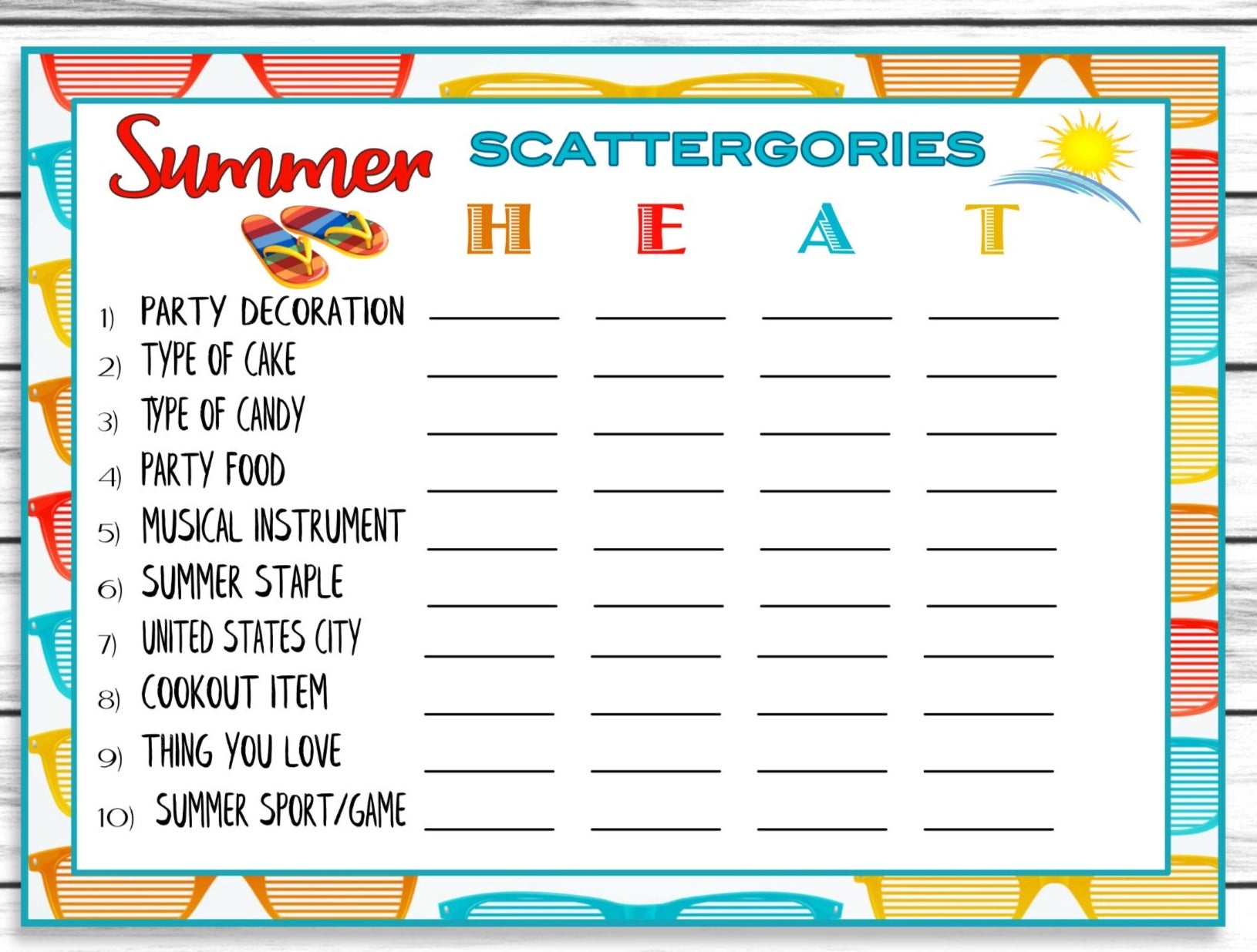 Summer Party Family Reunion Scattergories Game, Printable Kids Activity Sheet, Instant Download