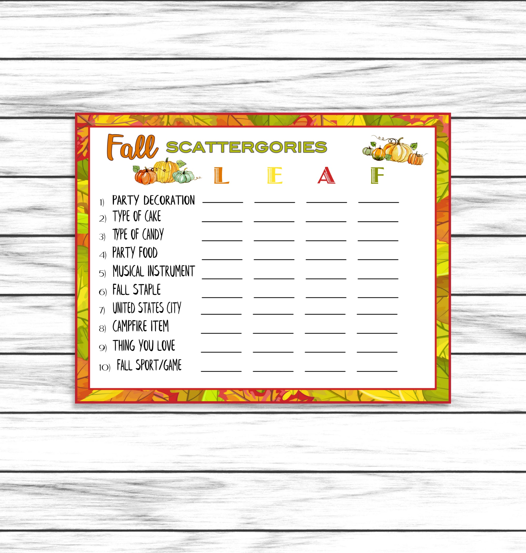 Fall Party Autumn Scattergories Game, Printable Kids Activity Sheet, Instant Download