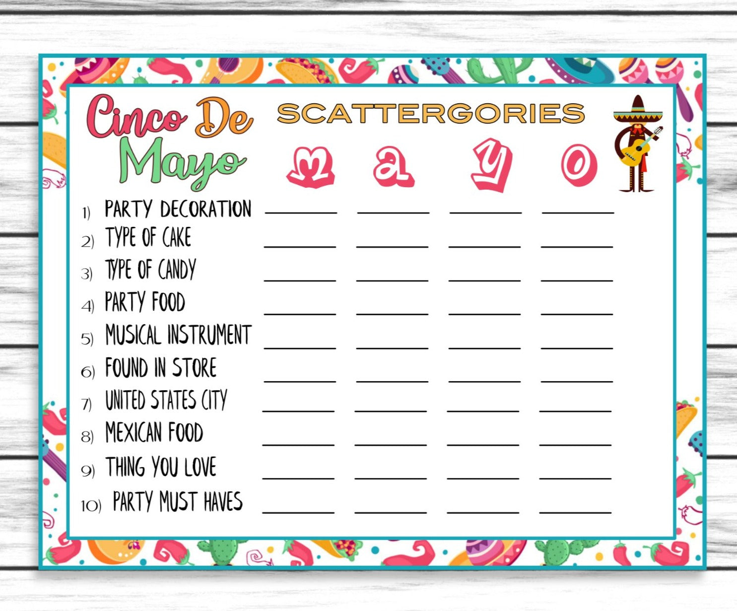 Cinco De Mayo Scattergories Game, Printable Kids Word Activity Sheet, Instant Download Party Party Idea