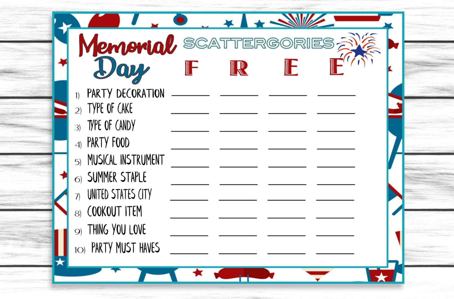 Memorial Day Scattergories Game, Printable Kids Word Activity Sheet, Instant Download Party Party Idea