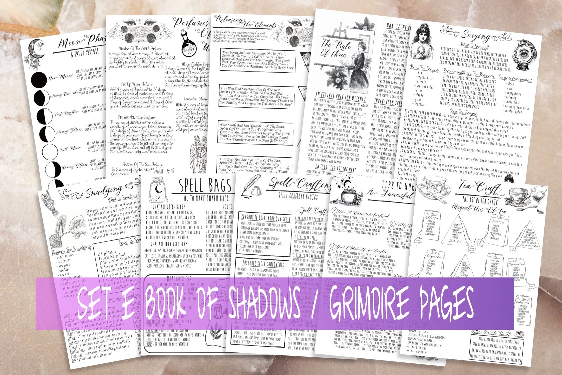 Printable Beginner Witchcraft Magic Spells Book Of Shadows Pages | Moon Phases Baby Witch Grimoire Sheets