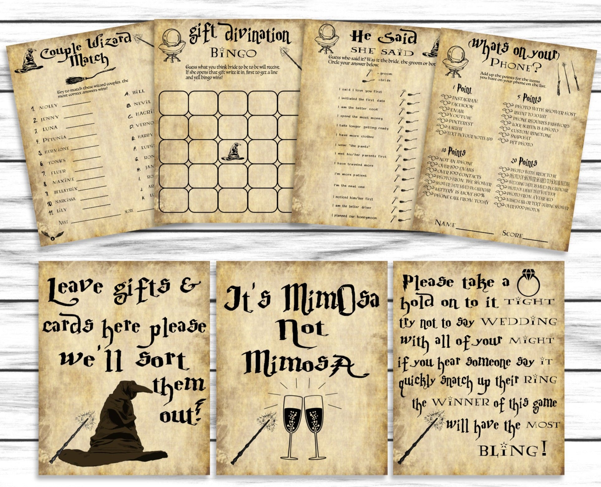 Harry Potter Inspired Bridal Shower Bundle, Wizard Witch Games, Signs, Printable Wizard Package,Set, Instant Download