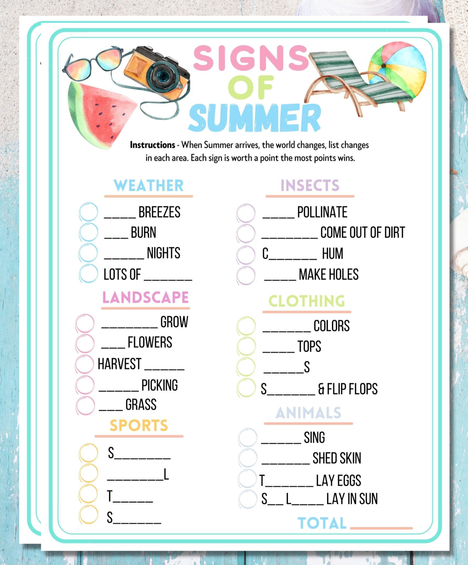 Signs Of Summer Trivia Printable Game Fun Kids Adults Activity Seniors, Classroom Office Church Quiz Group Family Reunion Vacation Idea