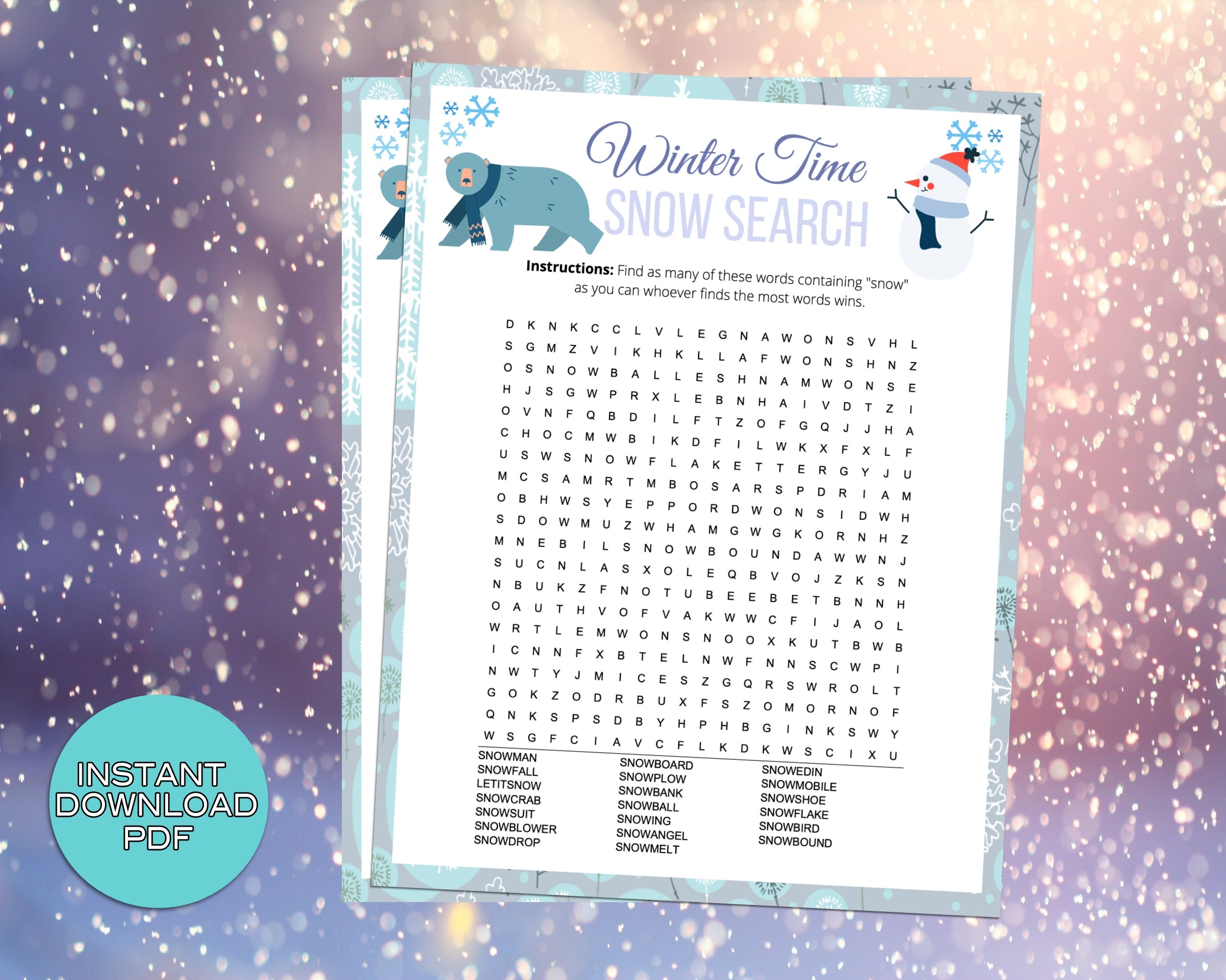 Snow Word Search Find Winter Party Game, For Adults Kids, Classroom, Office, Winter Party Printable Virtual Game, Family Reunion, Instant