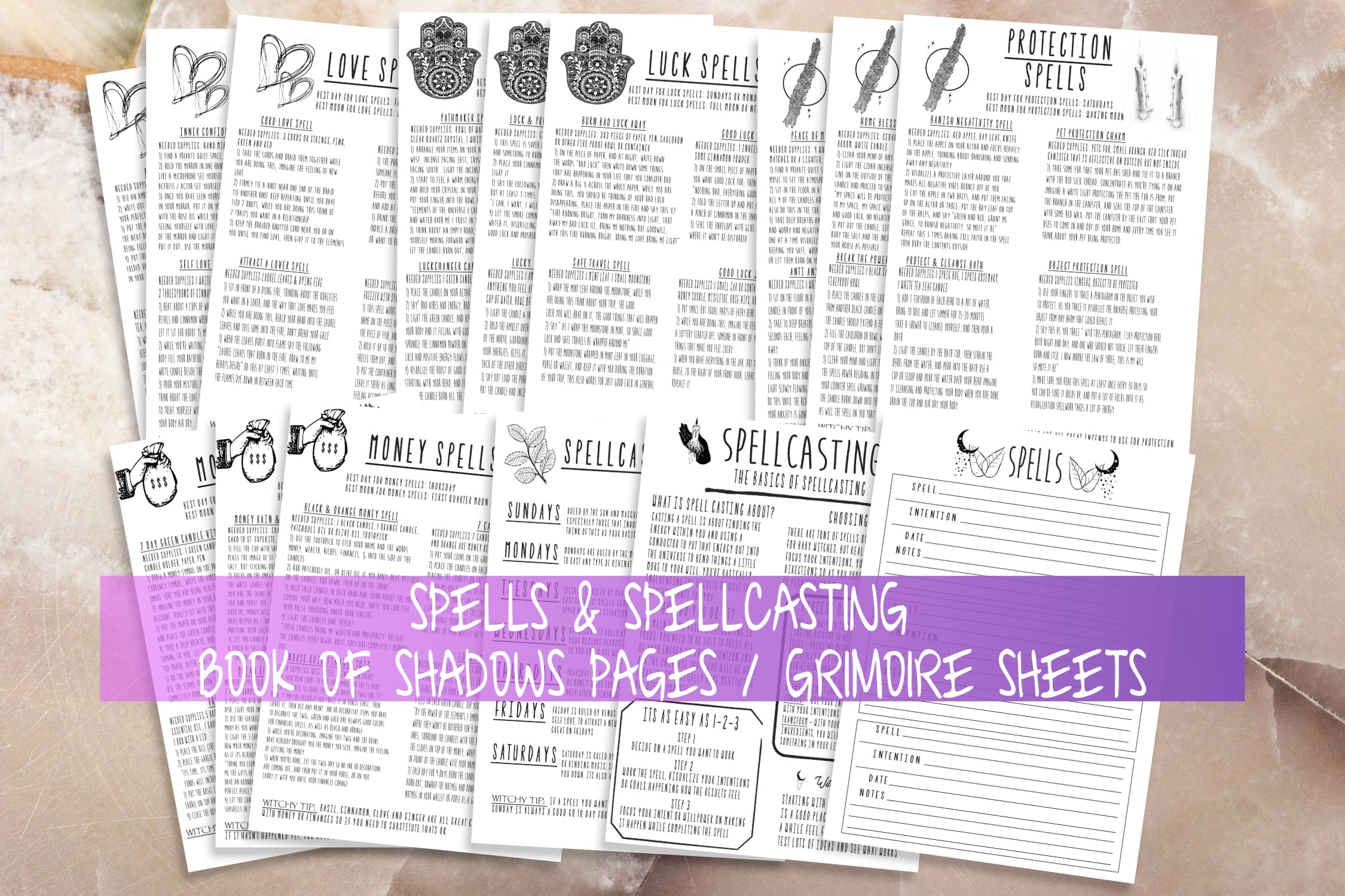Spells Spellcasting Book Of Shadows Witchcraft Grimoire Pages Printable Set