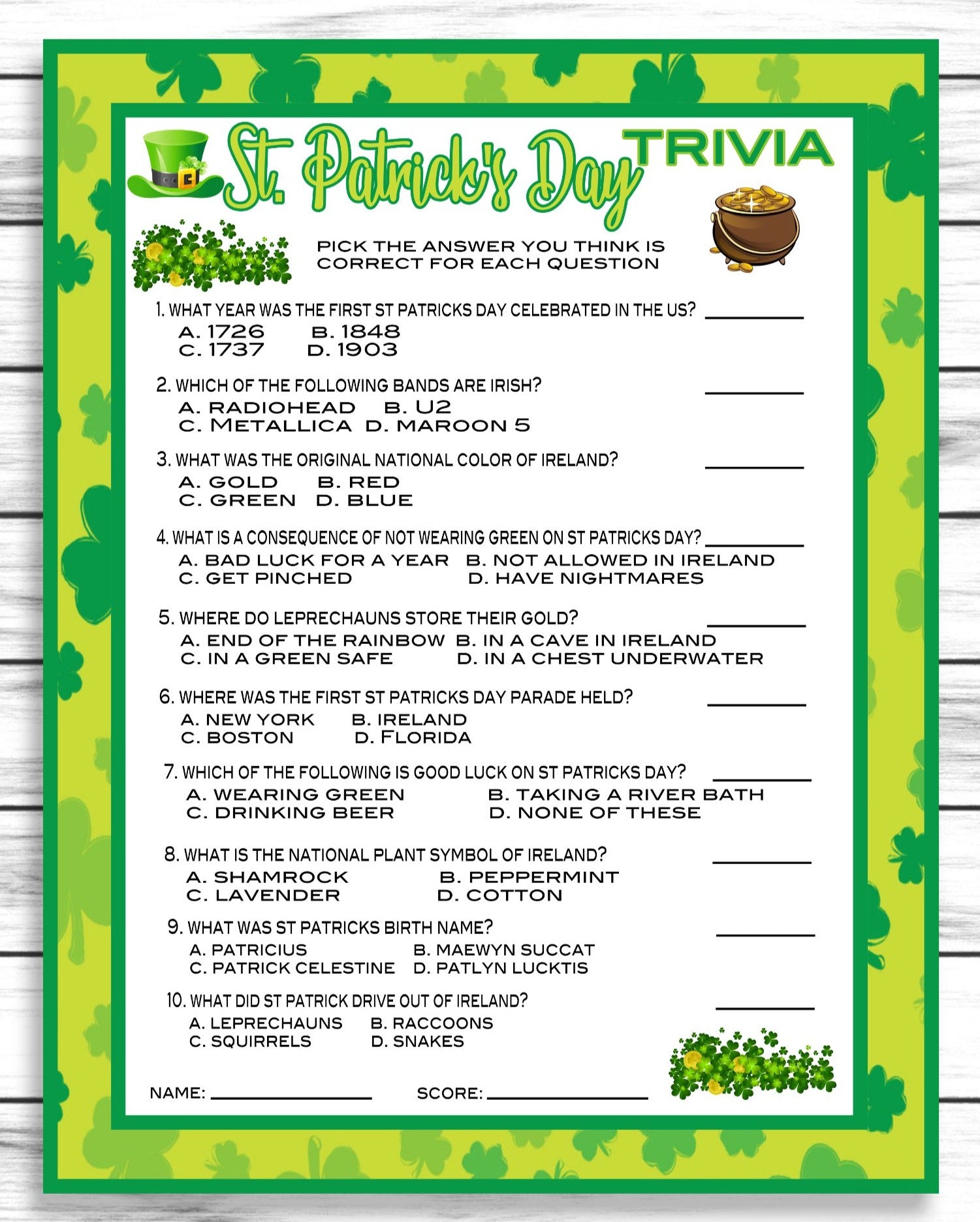 Saint Patricks Day Party Game, Instant Download St Patricks Trivia Game For Kids And Adults, Instant Download, Printable Or Virtual Game