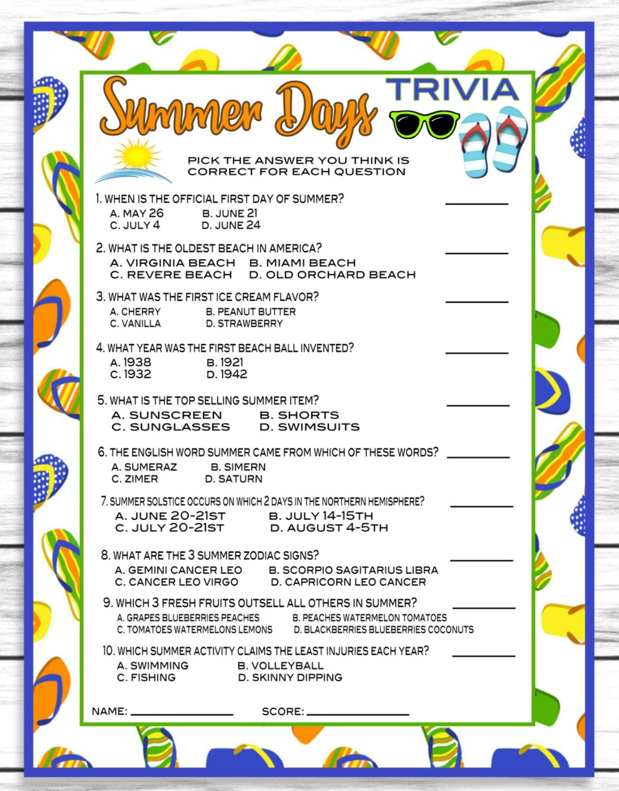 Summer Party Family Reunion Trivia Game, Printable Kids Activity Sheet, Instant Download