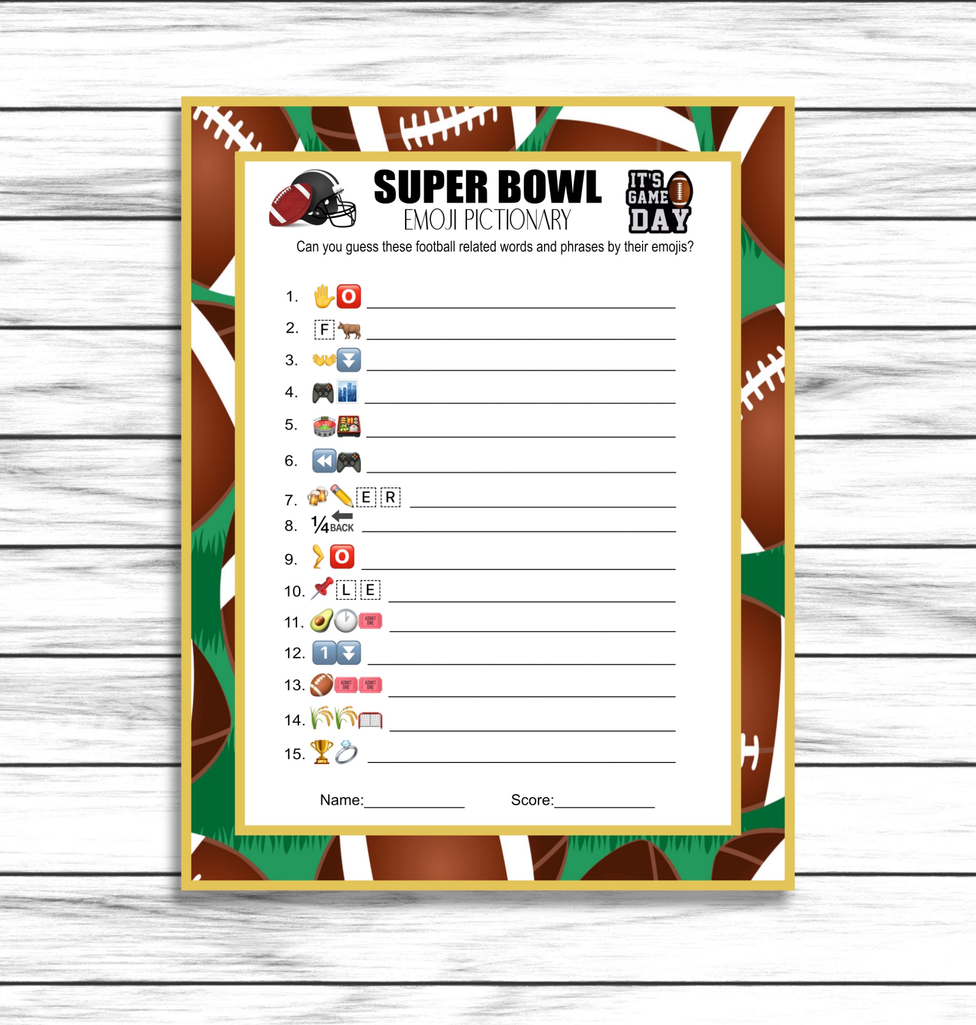 Printable Or Virtual Super Bowl Emoji Pictionary Party Game, Kids Adults Family Activity, Instant Download