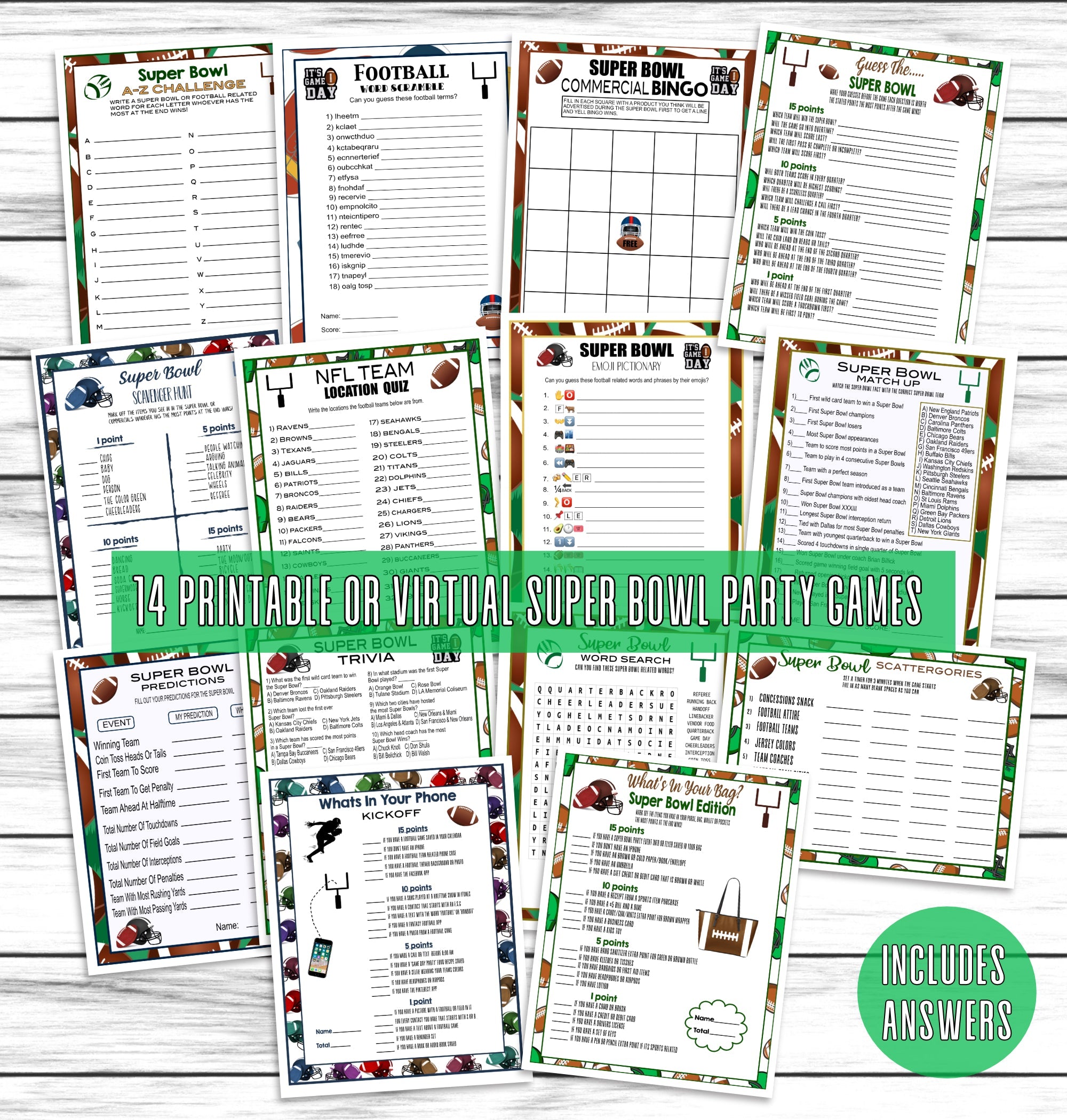 Super Bowl Party Family Game Set, Printable or Virtual Kids Adults Activity Bundle, Instant Download