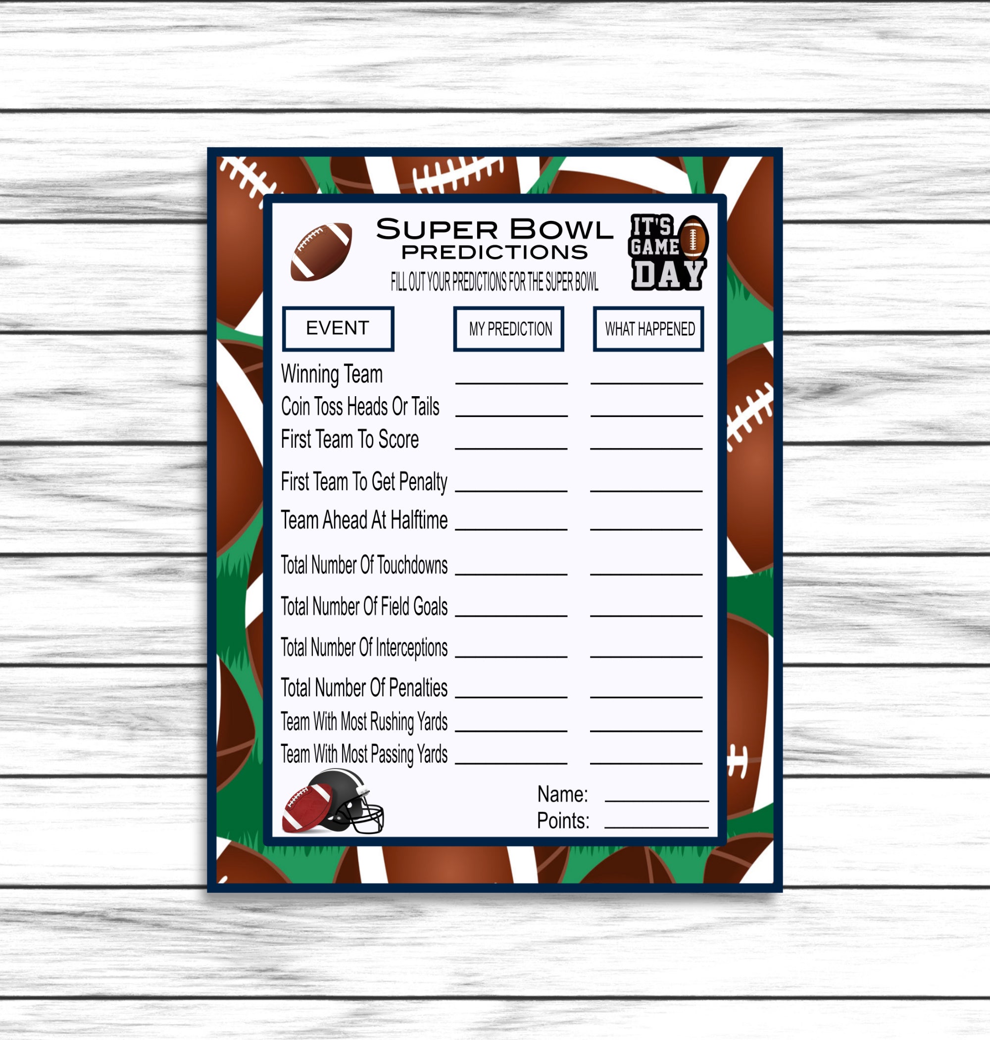 Printable Or Virtual Super Bowl Predictions Party Game, Kids Adults Family Activity, Instant Download